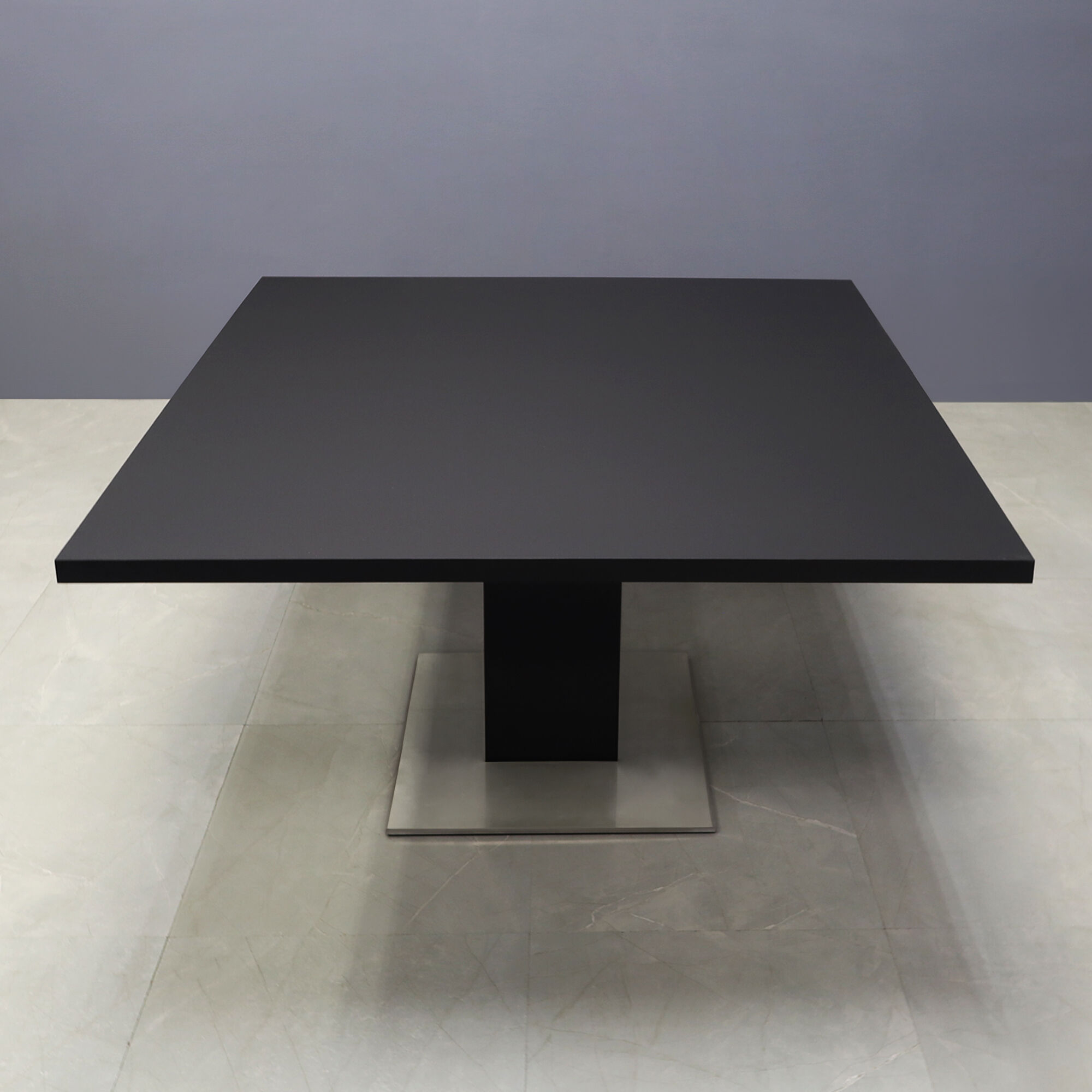 54-inch Newton Square Conference Table with X1 Base, pedestal in black traceless laminate, and silver metal powder-coated base.