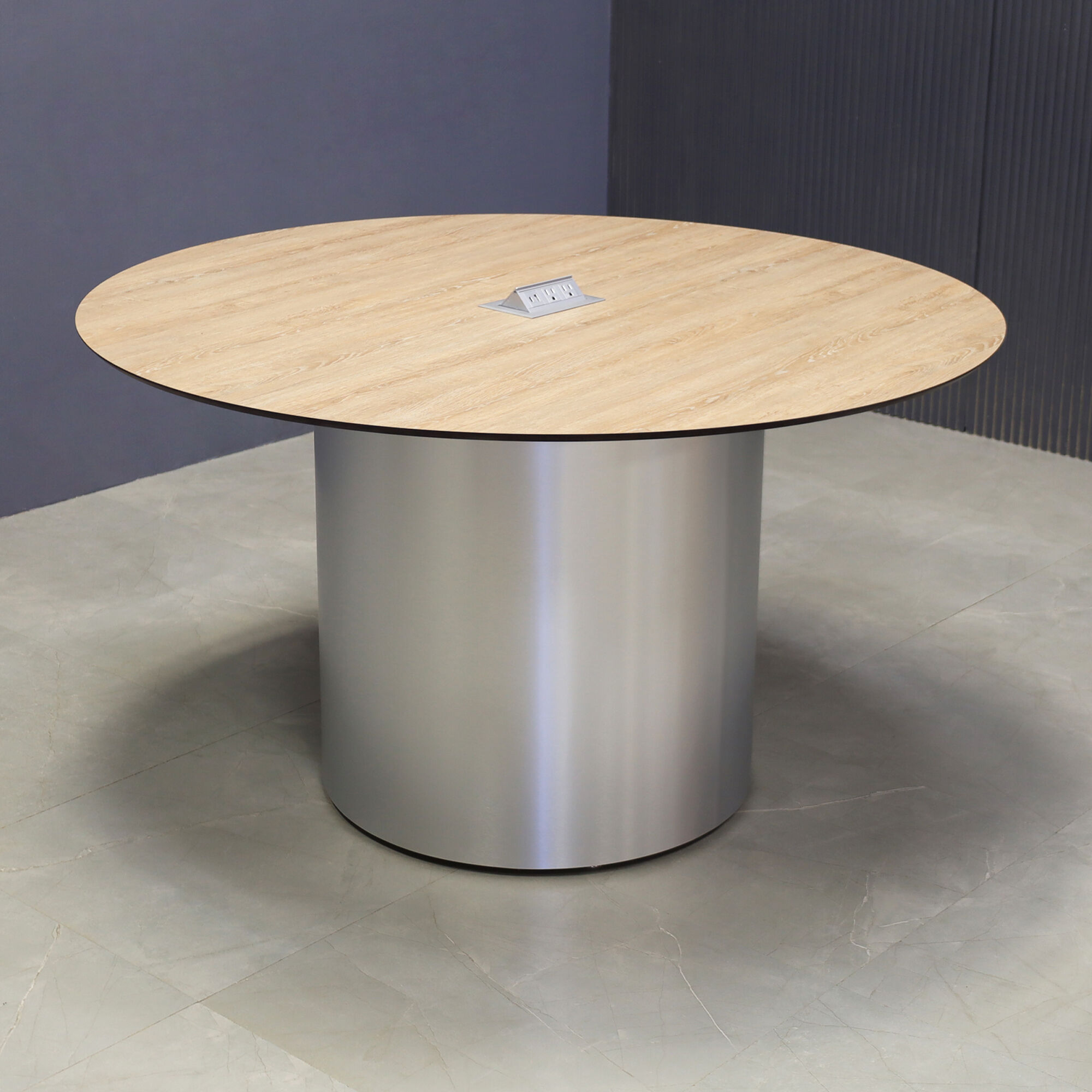 54-inch Aurora Round Conference Table in 1/2-inch countryside oak engineered surface top, brushed aluminum base, and silver MX2 power box.