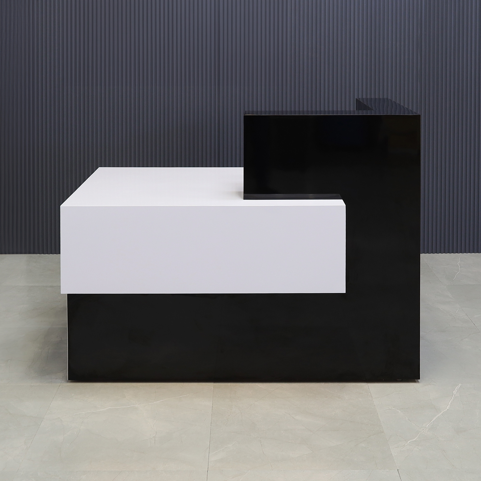 60-inch Atlanta Custom Reception Desk with the countertop & base on the right side when facing front covered in black gloss laminate, while the workspace and front panel are covered in white gloss laminate.
