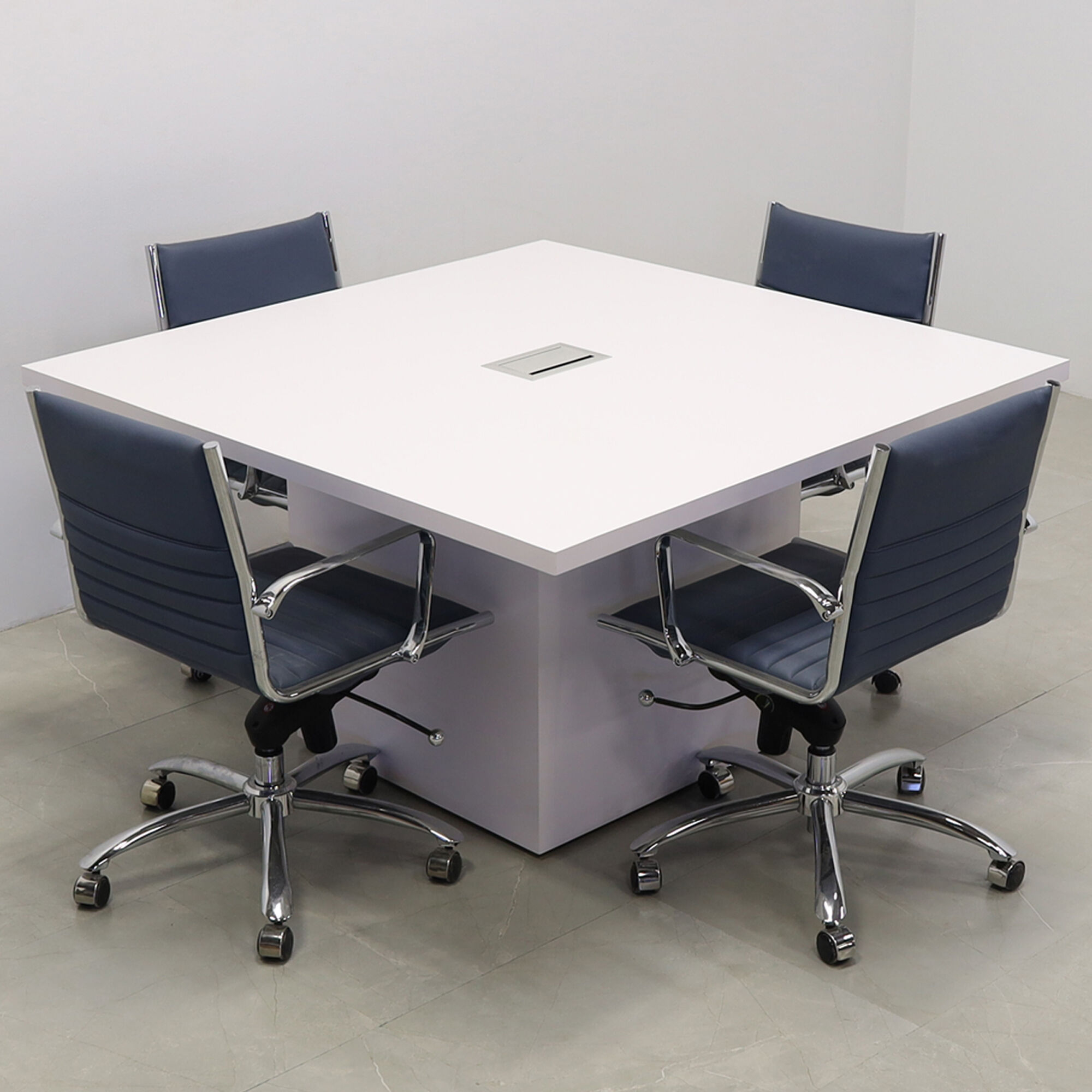 54-inch Newton Square Conference Table With Laminate Top & base in white matte laminate, and silver MX3 power box.