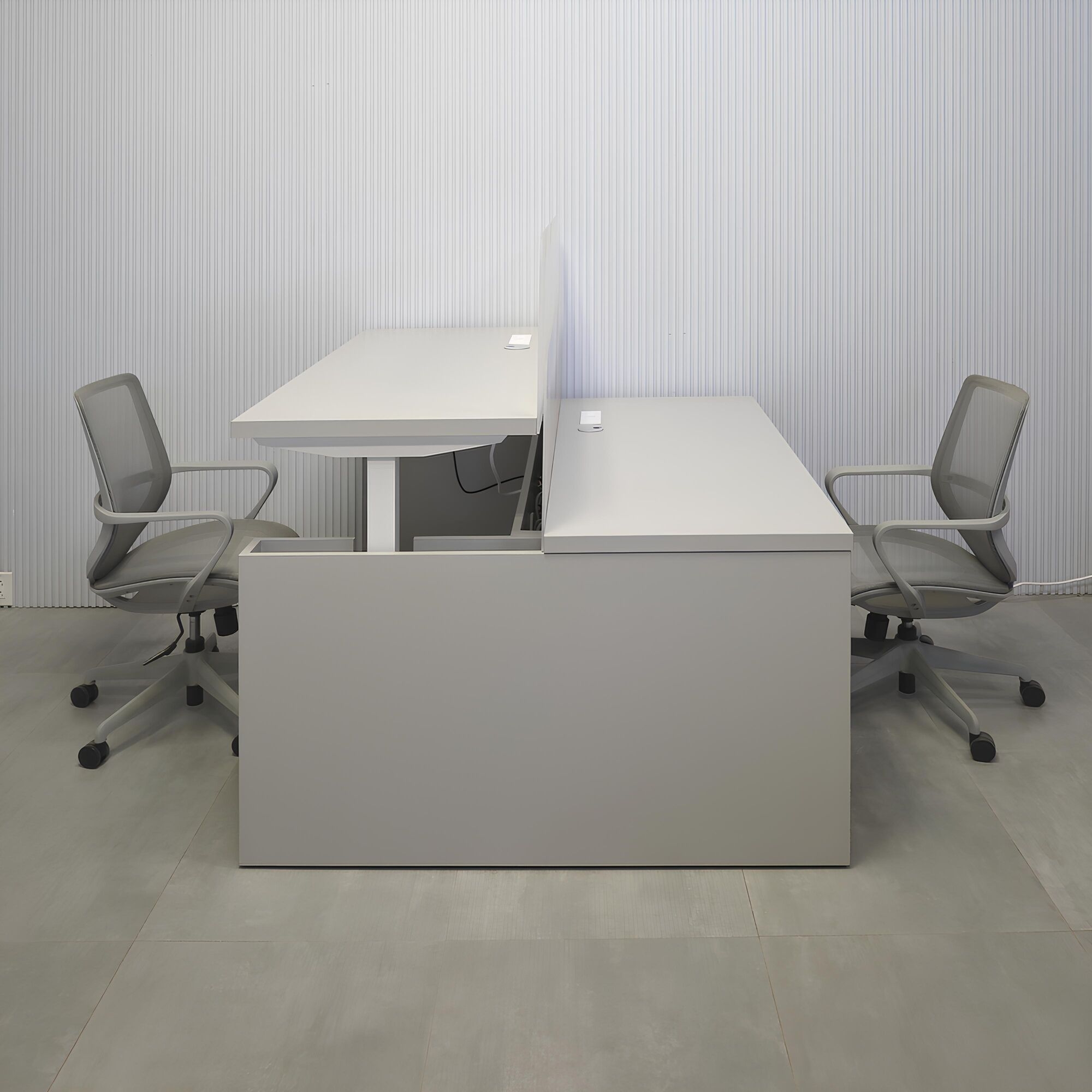 57 1/2- Inch Nashville Sit-Stand Custom Workstation with Folkstone Matte laminate top, Folkstone Matte laminate base, and Frosted Acrylic partition.