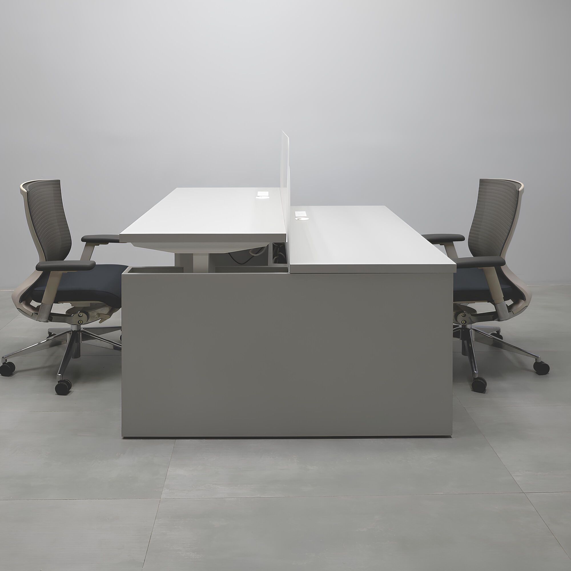 57 1/2- Inch Nashville Sit-Stand Custom Workstation with Folkstone Matte laminate top, Folkstone Matte laminate base, and Frosted Acrylic partition.