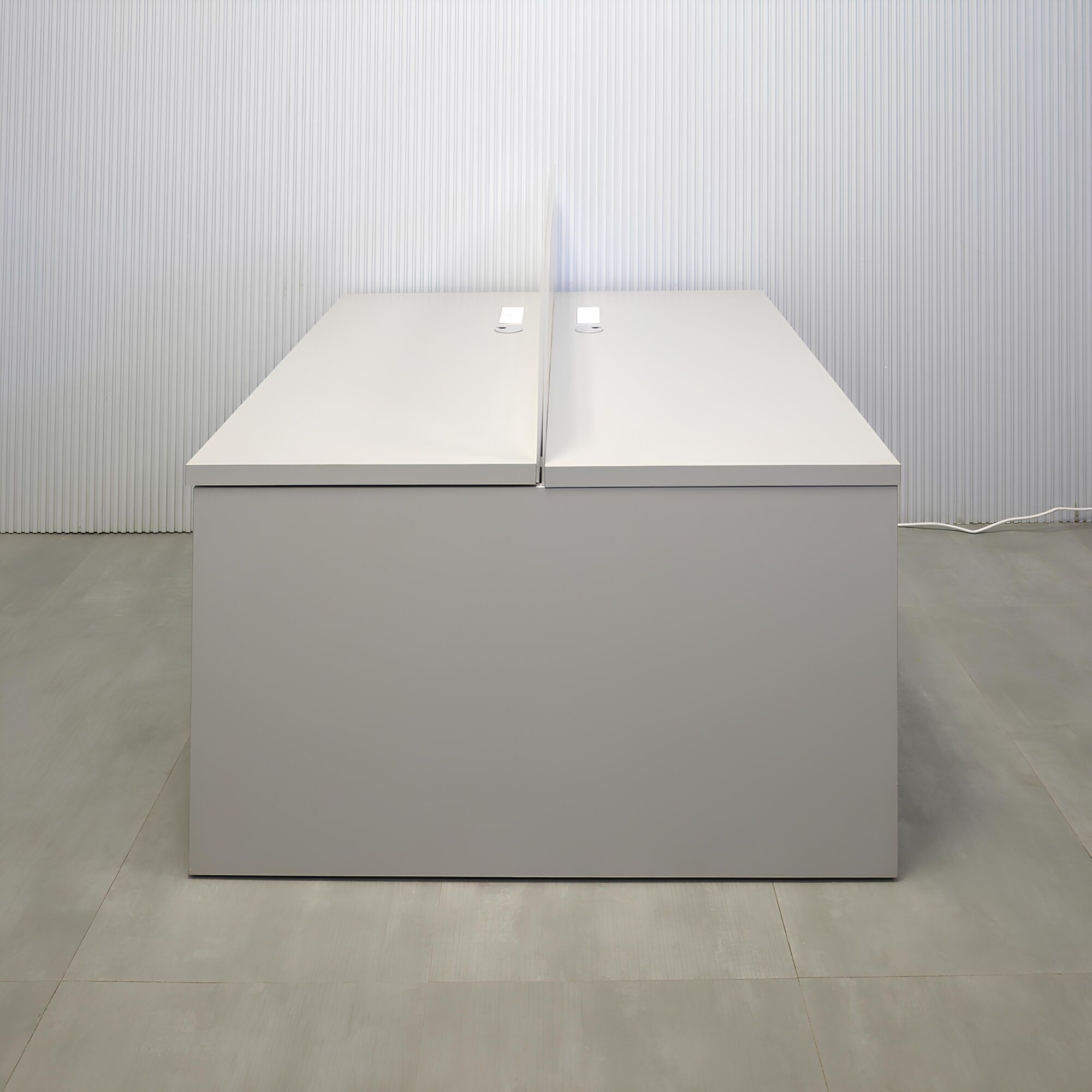 57 1/2- Inch Nashville Sit-Stand Custom Workstation with Folkstone Matte laminate top, Folkstone Matte laminate base, and Frosted Acrylic partition.