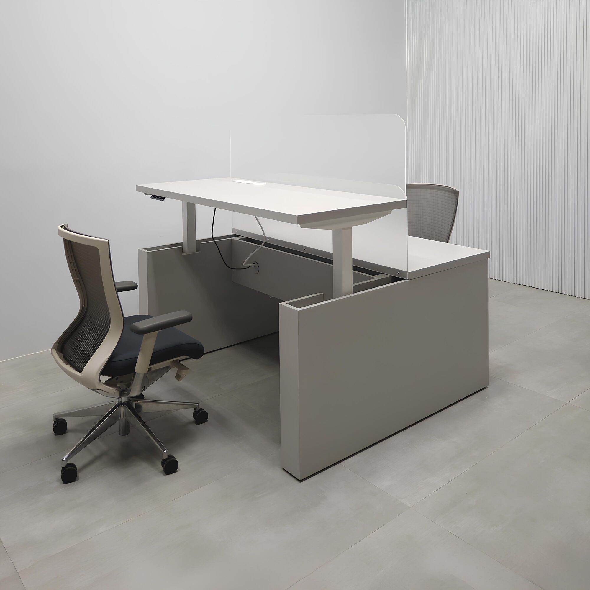 57 1/2- Inch Nashville Sit-Stand Custom Workstation with Folkstone Matte laminate top, Folkstone Matte laminate base, and Frosted Acrylic partition.