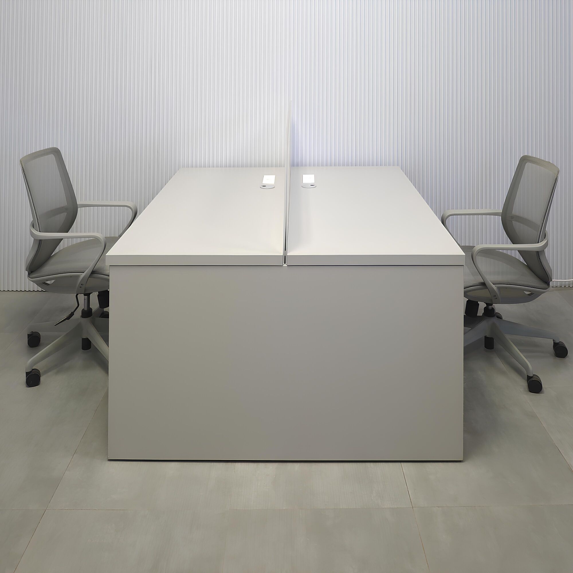 57 1/2- Inch Nashville Sit-Stand Custom Workstation with Folkstone Matte laminate top, Folkstone Matte laminate base, and Frosted Acrylic partition.