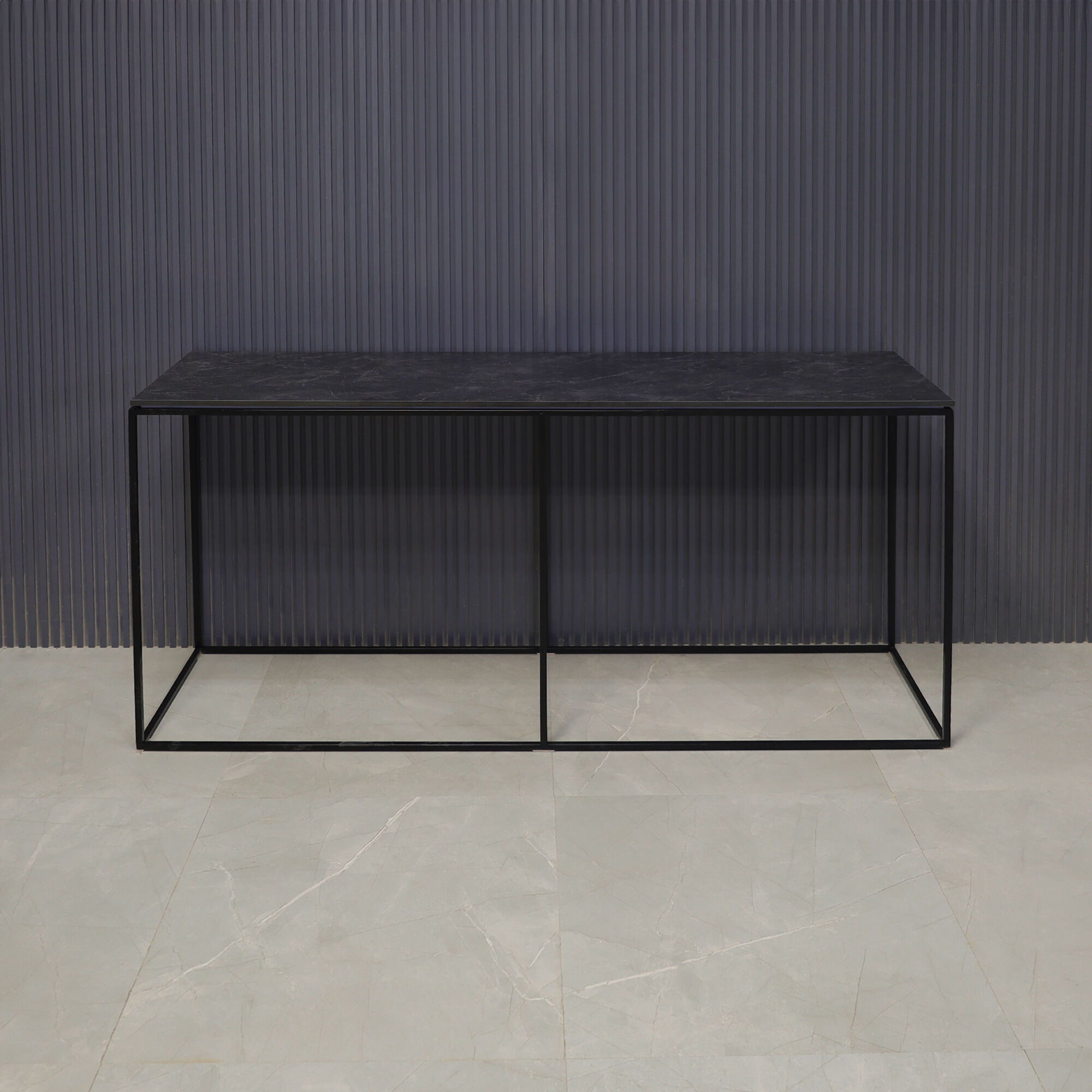 60-inch Aspen Console Table in 1/2-inch black amani engineered surface top and black metal frame.