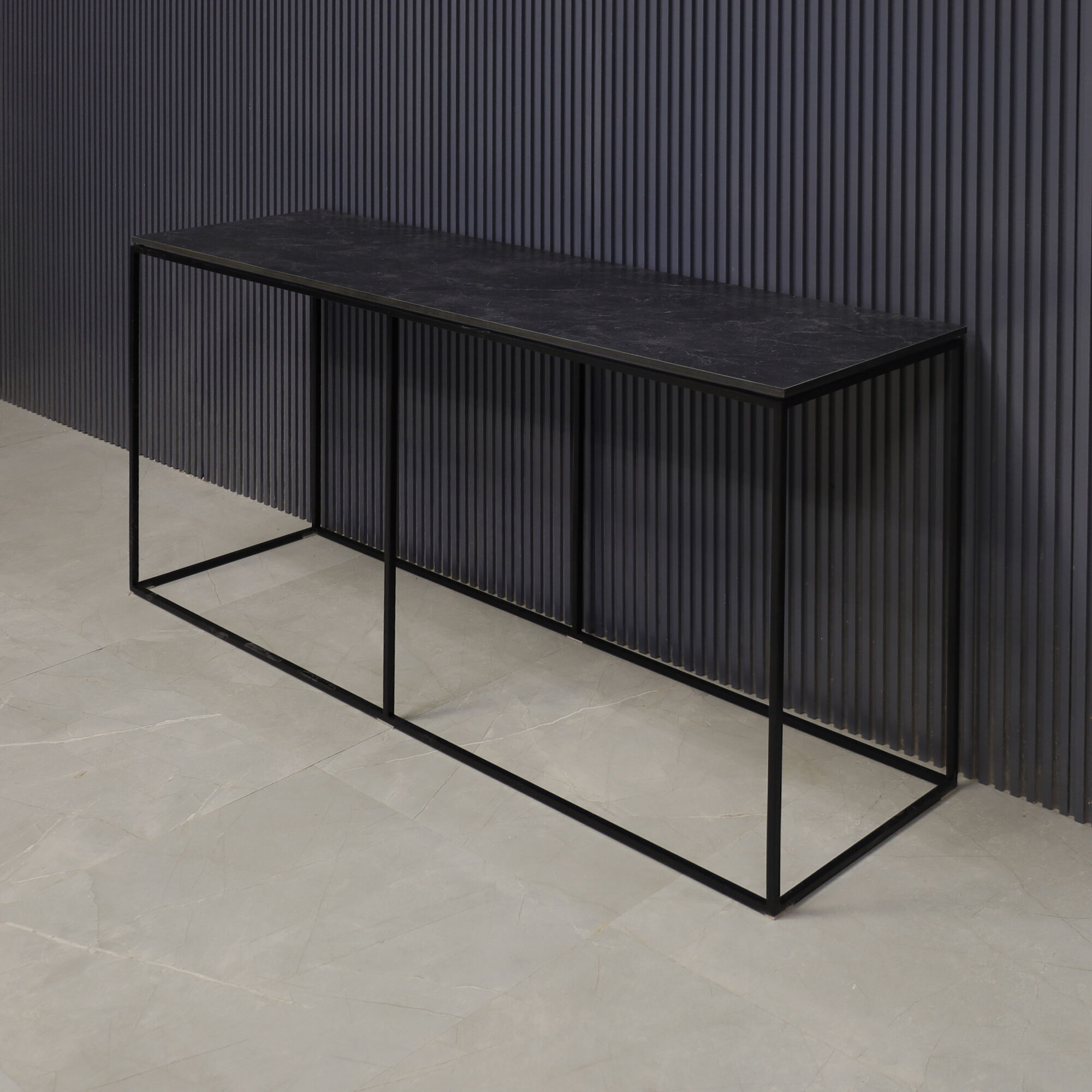 60-inch Aspen Console Table in 1/2-inch black amani engineered surface top and black metal frame.