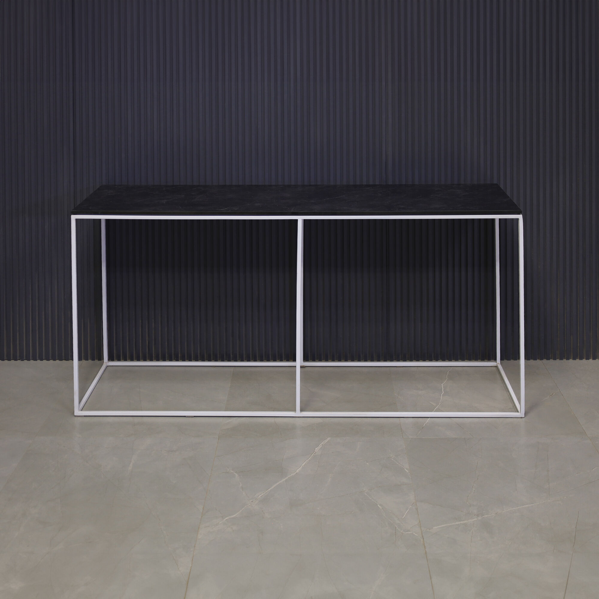 60-inch Aspen Console Table in 1/2" black amani engineered surface top and white metal frame, shown here.