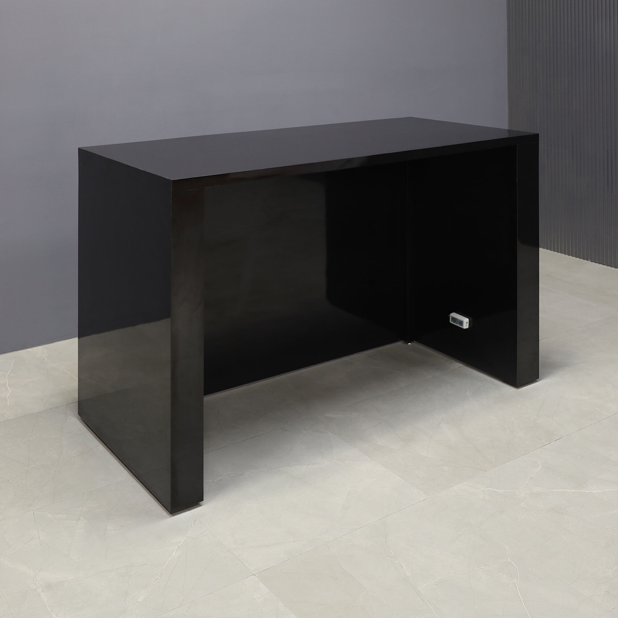 60-inch New York L-Shape Retail Custom Reception Desk in black gloss laminate desk, and color changing LED.