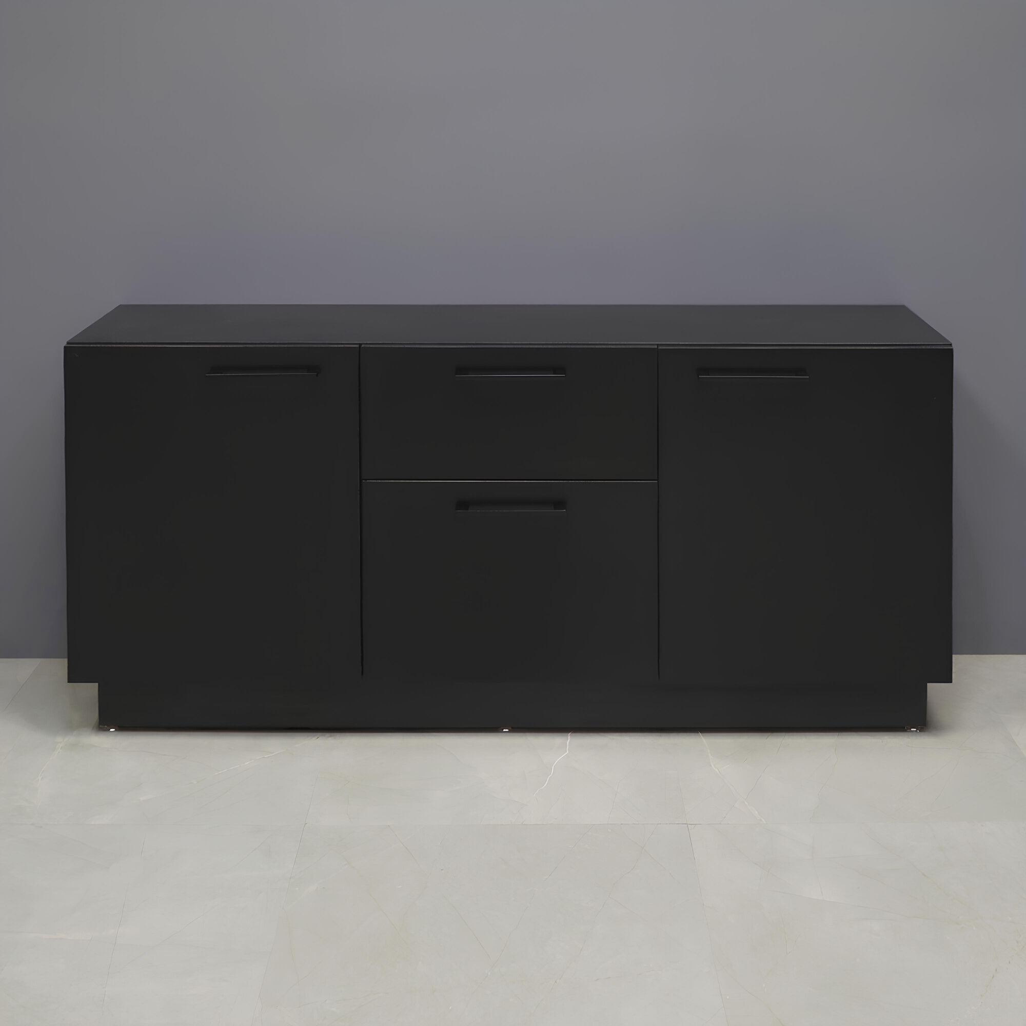 60-inch Manhattan Storage Credenza in black matte laminate credenza, front drawers & doors, and toe-kick.