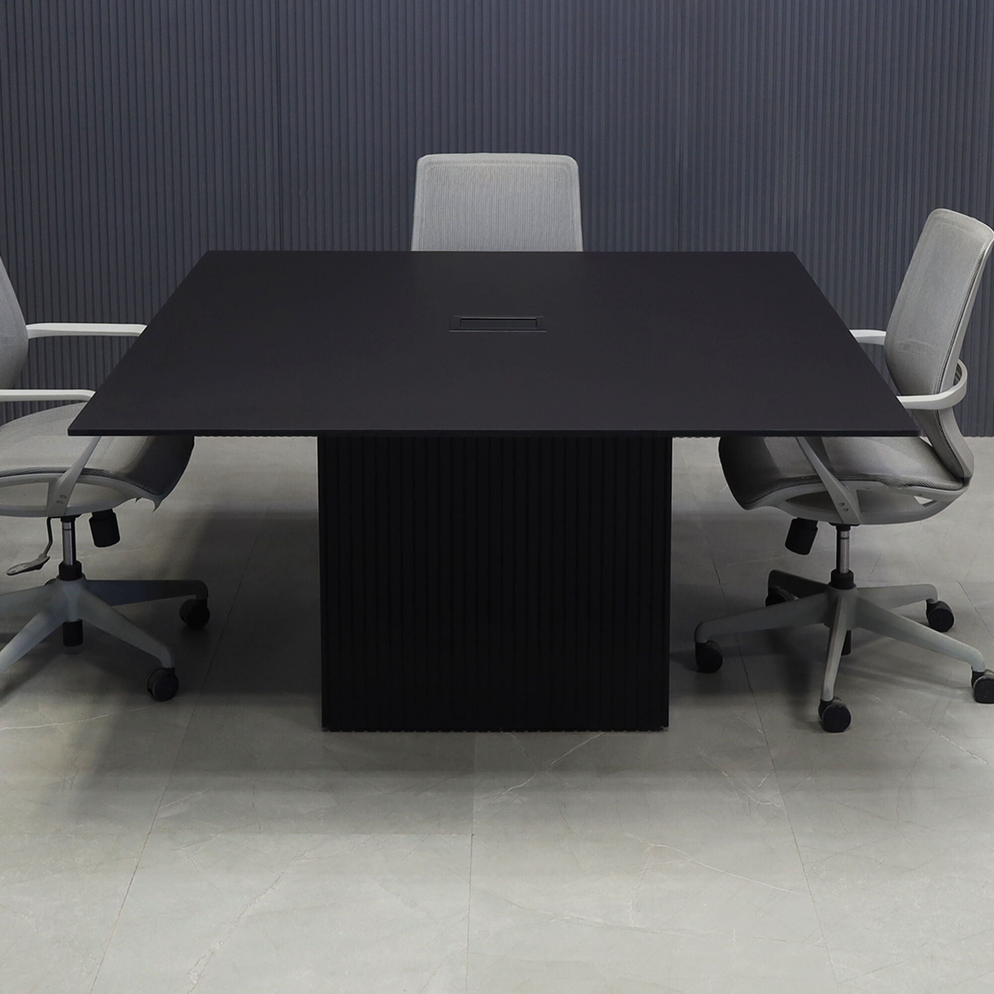 60-inch Aurora Square Conference Table in 1/2-inch black traceless engineered surface top, black traceless tambour base, and black MX3 power box.