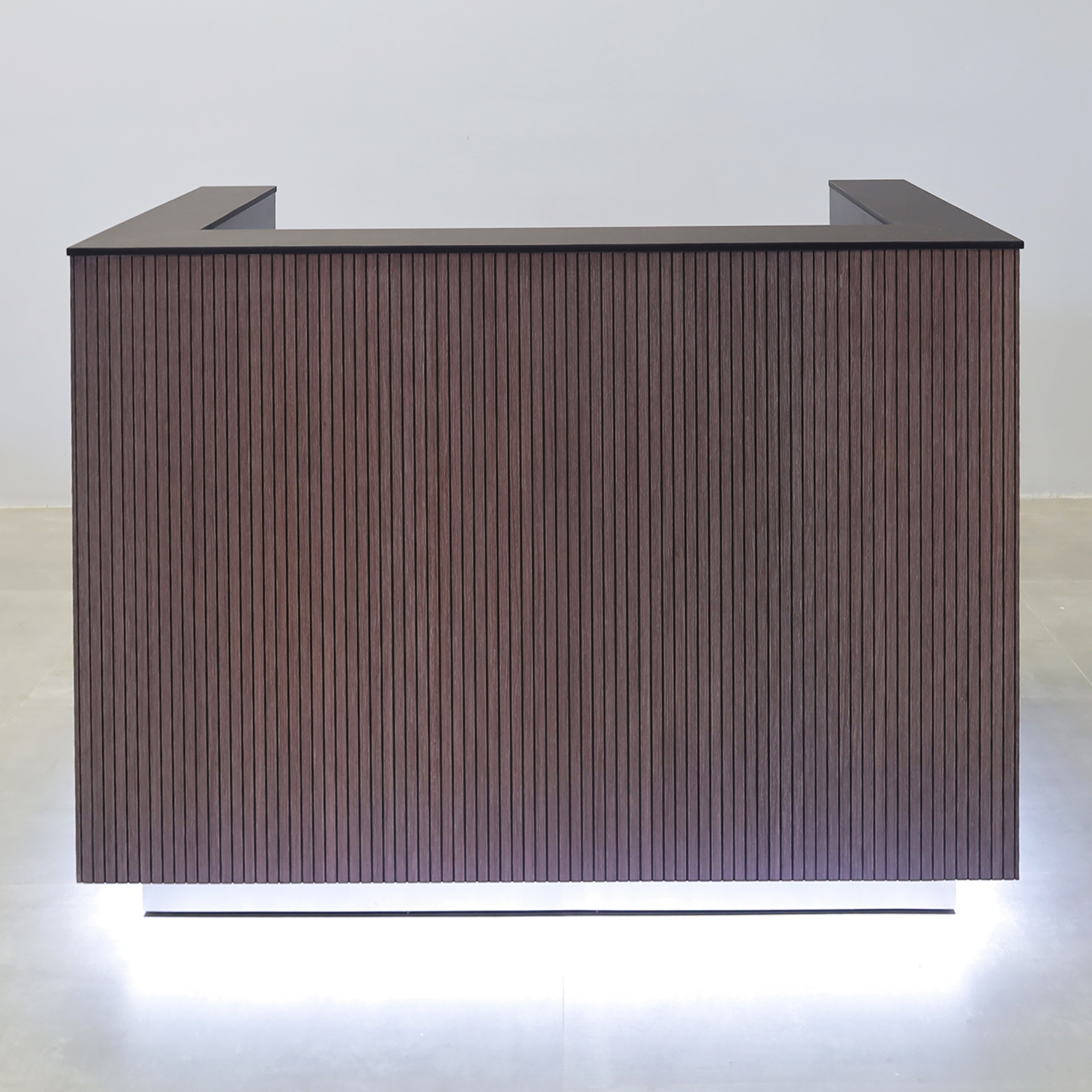 60-inch Dallas U-Shape Reception Desk with Black Traceless Laminate top, Gray Oak Tambour desk, Black Matte Laminate workspace, Brushed Aluminum toe-kick, and Colored LED.