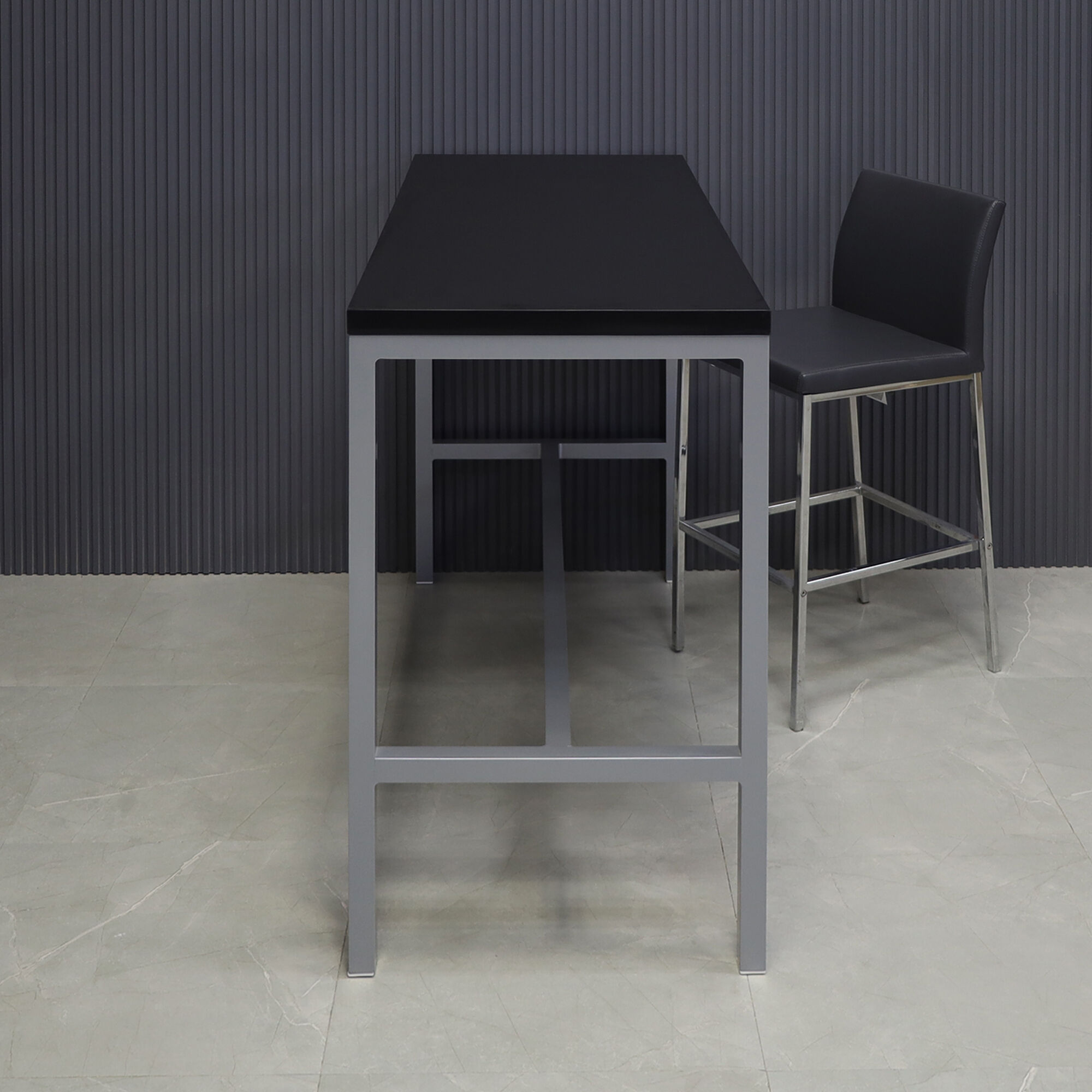60-inch Aspen Bar Table in black traceless laminate top, and gray metal frame.