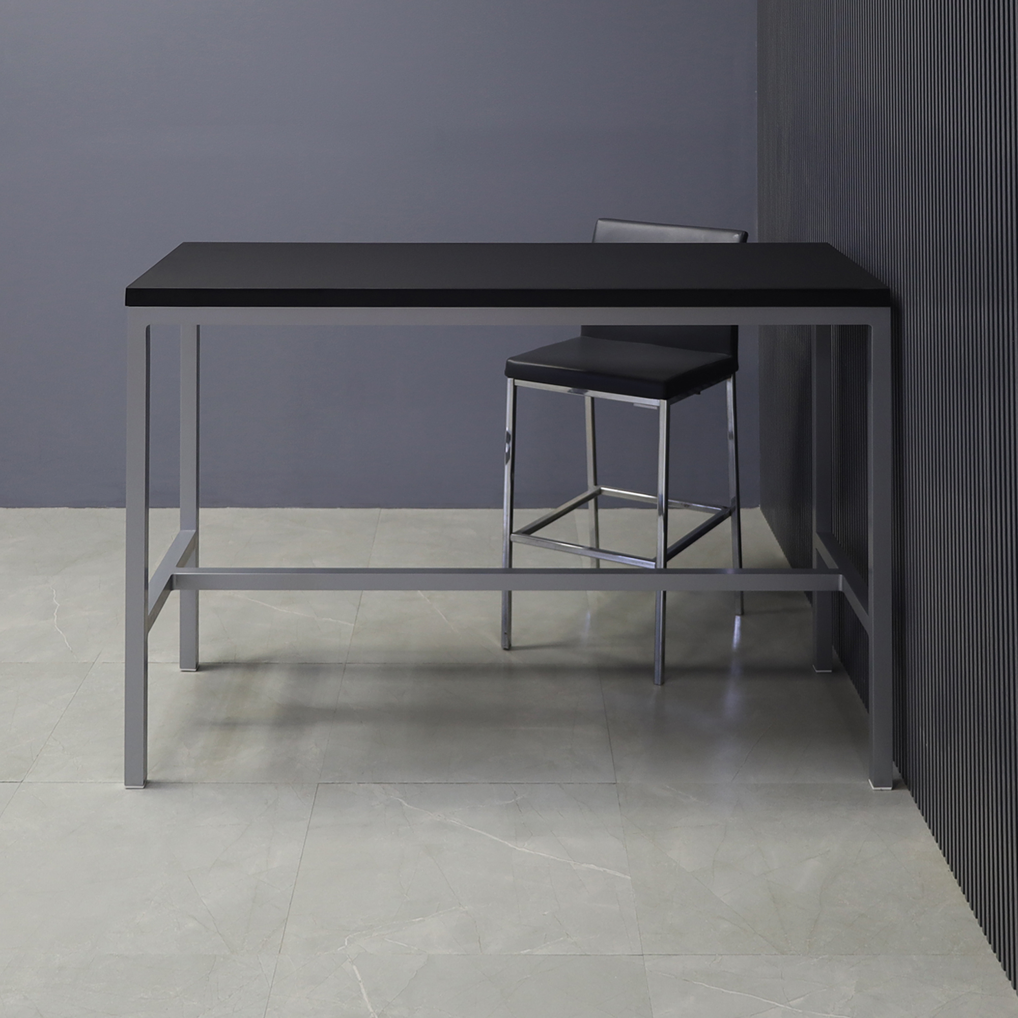 Aspen Bar Table in black traceless laminate top and gray aluminum framing shown here.