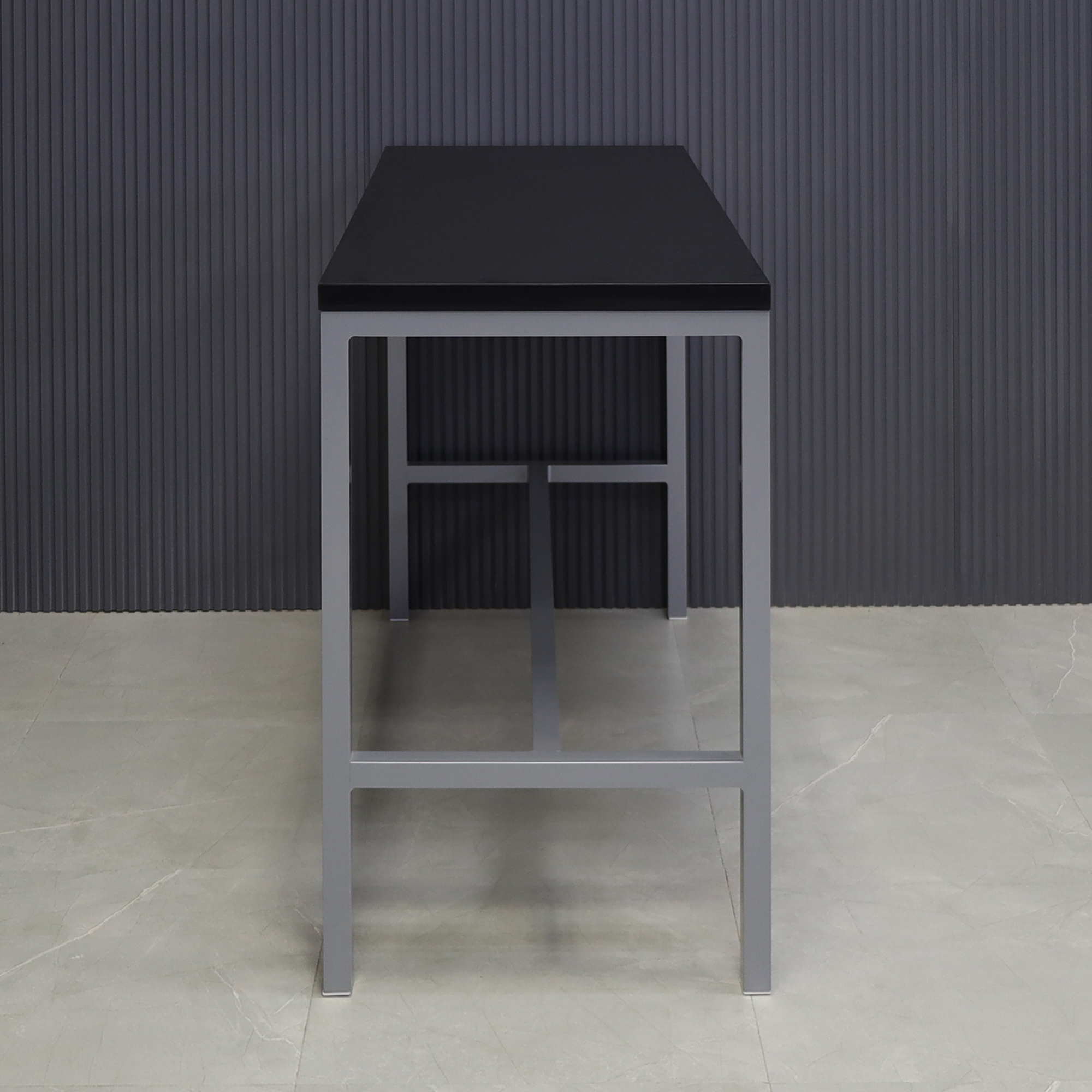 Aspen Bar Table in black traceless laminate top and gray aluminum framing shown here.