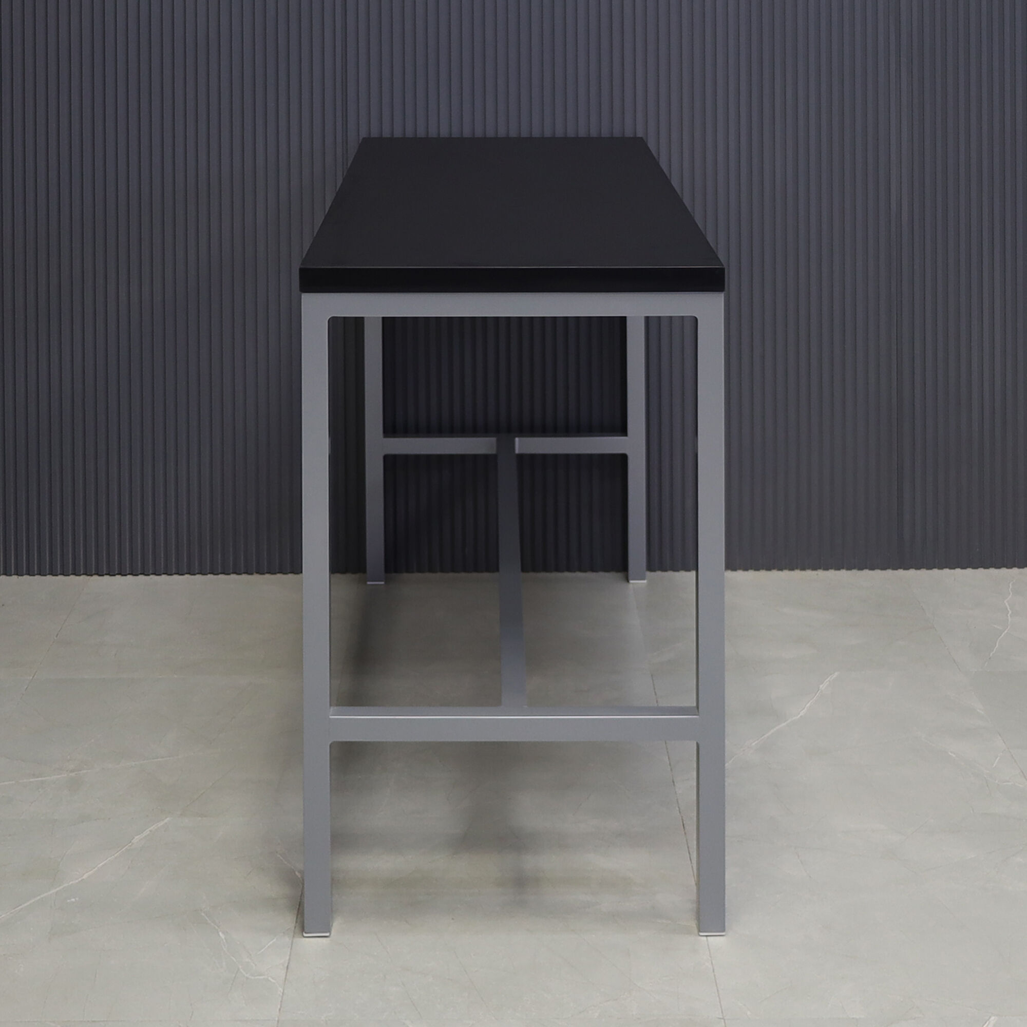 60-inch Aspen Bar Table in black traceless laminate top, and gray metal frame.