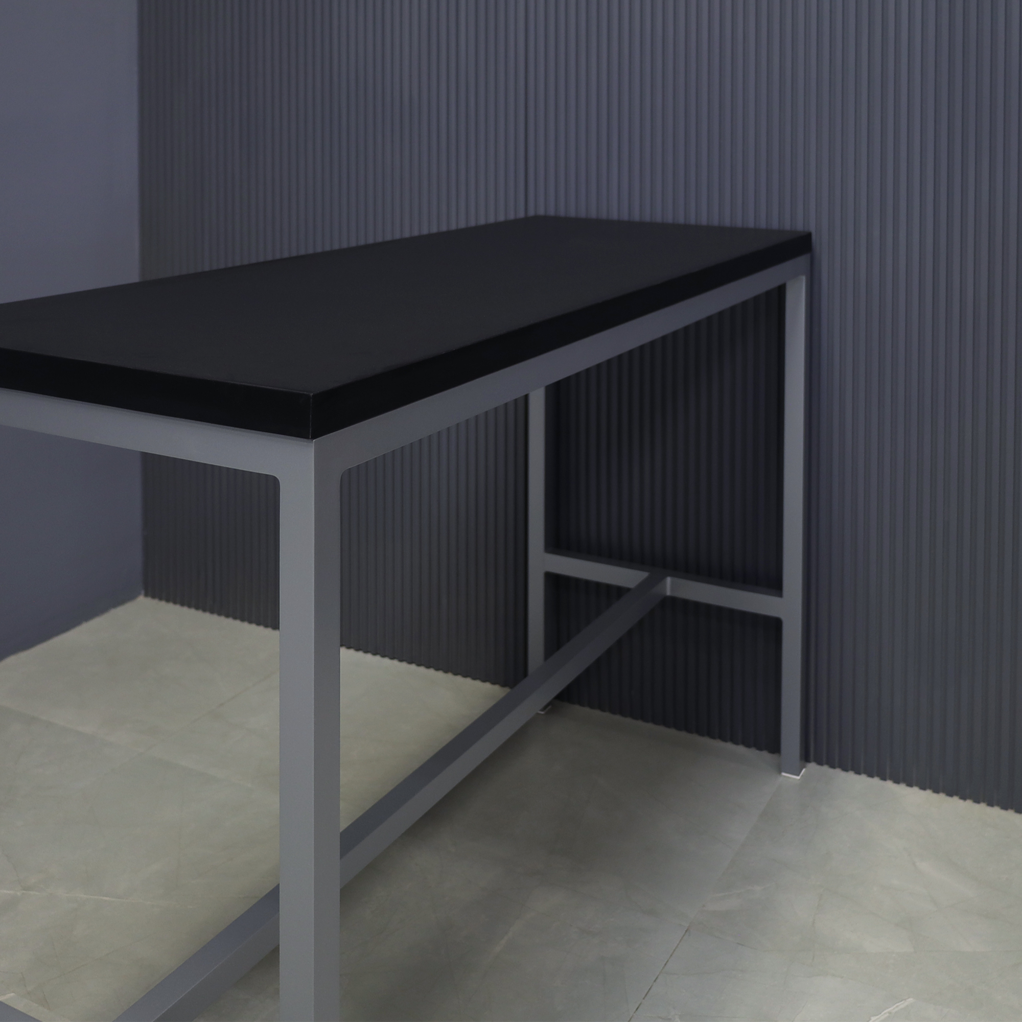 Aspen Bar Table in black traceless laminate top and gray aluminum framing shown here.