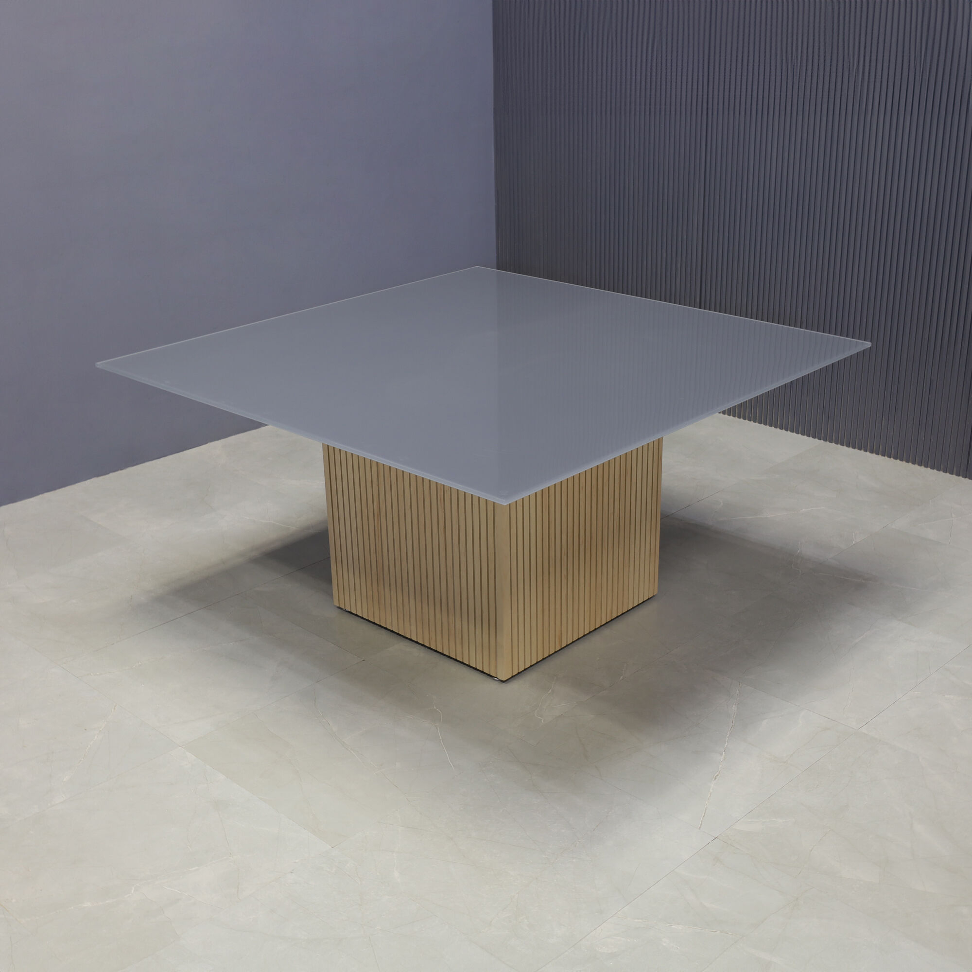 60-inch Omaha Square Conference Table in 1/2-inch dark gray tempered glass top, and maple tambour base.