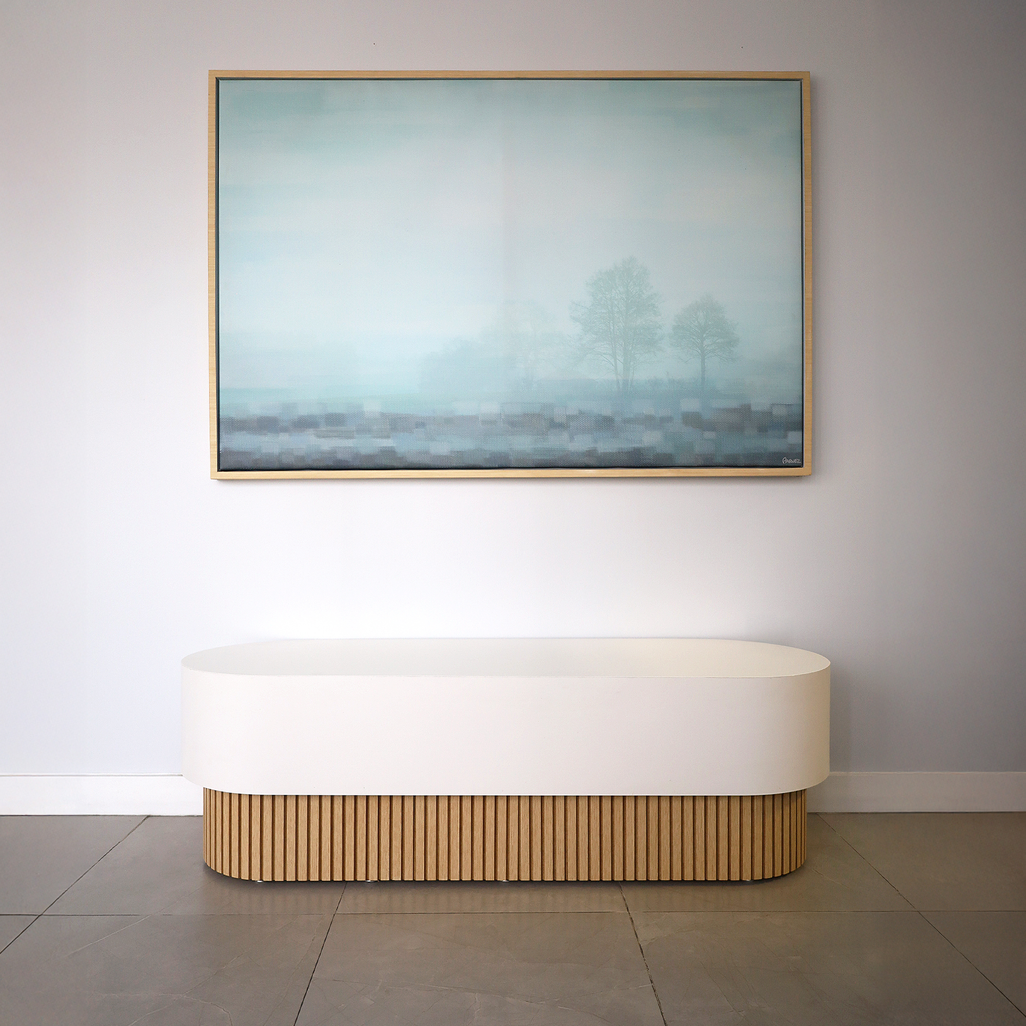 60-inch Pill Bench with X2 Base in Dover Off-White laminate main body, and White Oak tambour base.