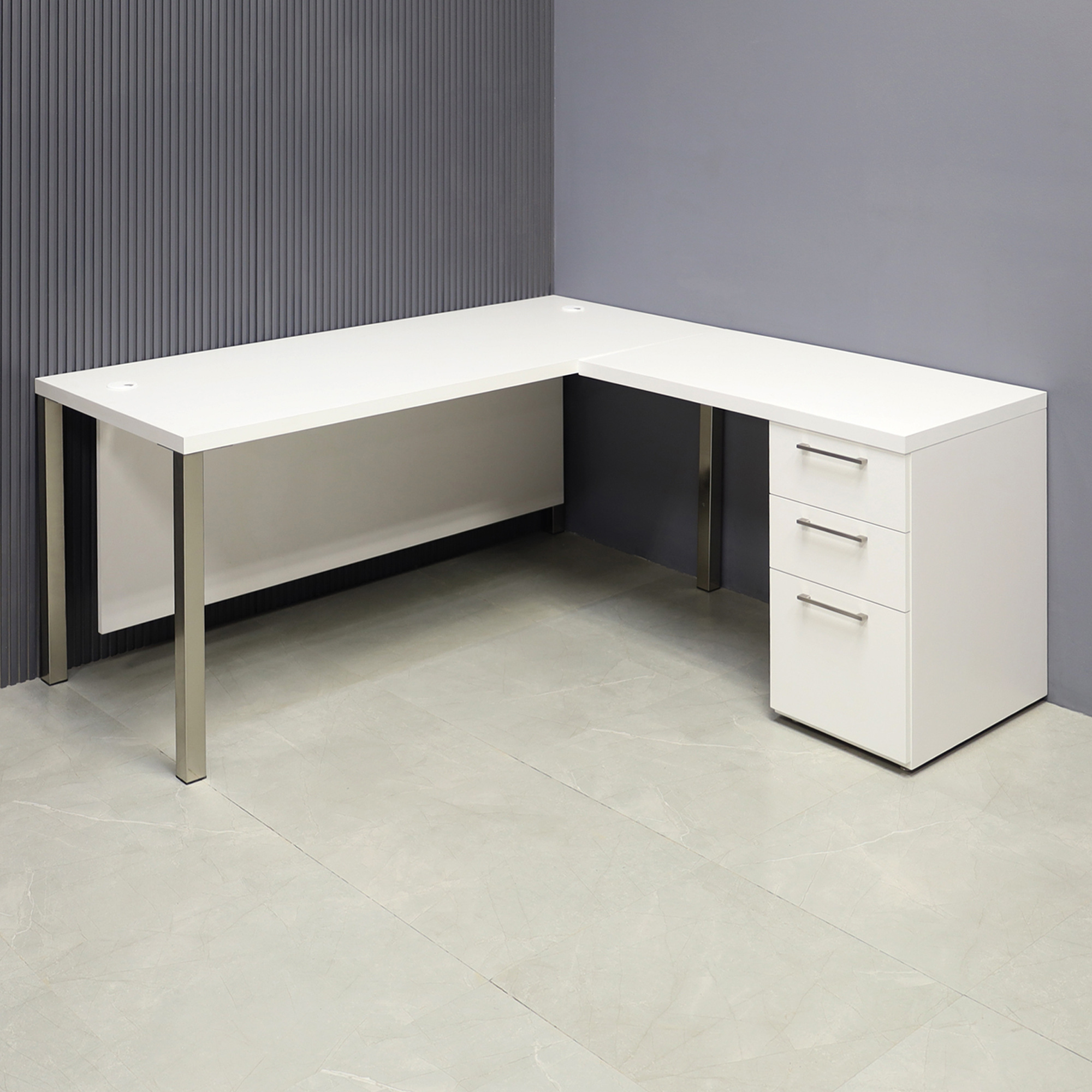 72-inch Dallas L-Shape Executive Desk with return & cabinet on left side when sitting, in dover off-white matte laminate top, cabinet & privacy panel, and brushed aluminum legs, shown here.