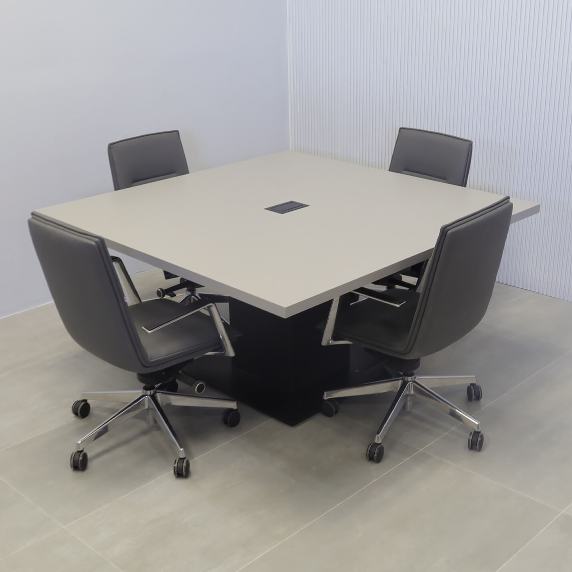 60-inch California X2 Round Conference Table With Laminate Top in fog gray matte laminate, black traceless laminate pedestal, black metal powder-coated base, and black MX2 power box.