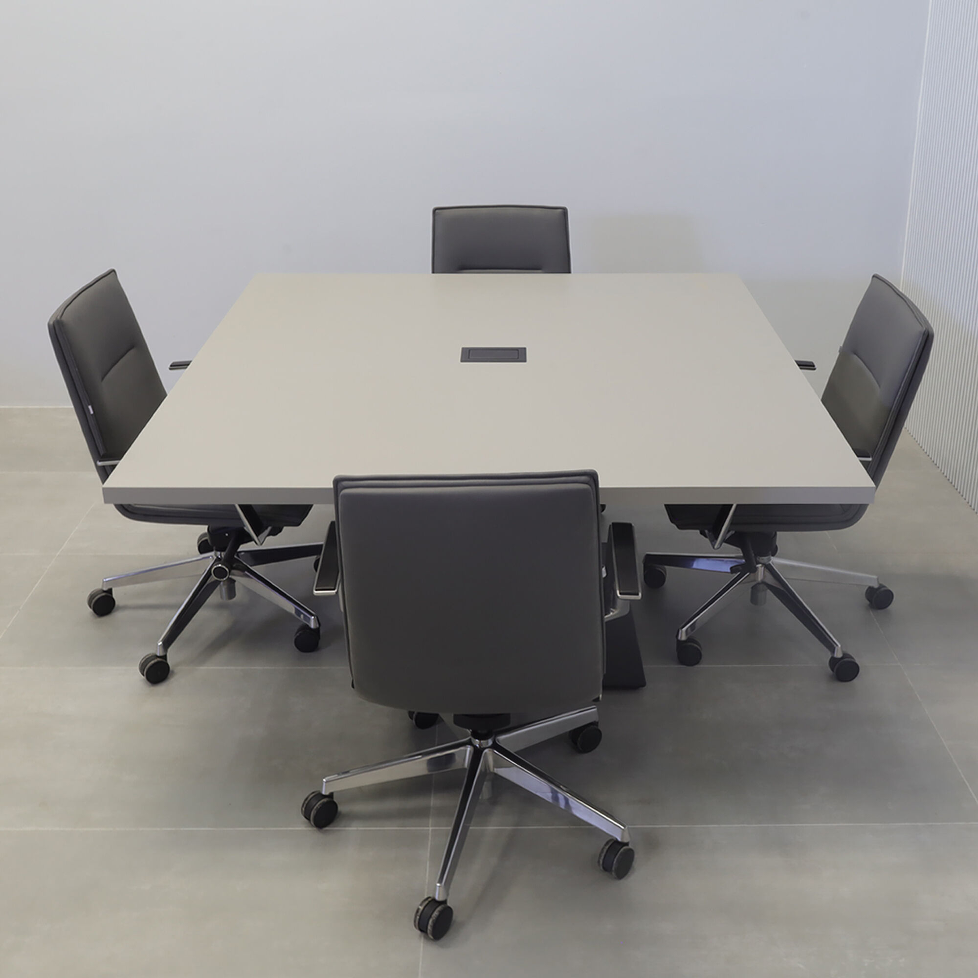 60-inch California X2 Round Conference Table With Laminate Top in fog gray matte laminate, black traceless laminate pedestal, black metal powder-coated base, and black MX2 power box.