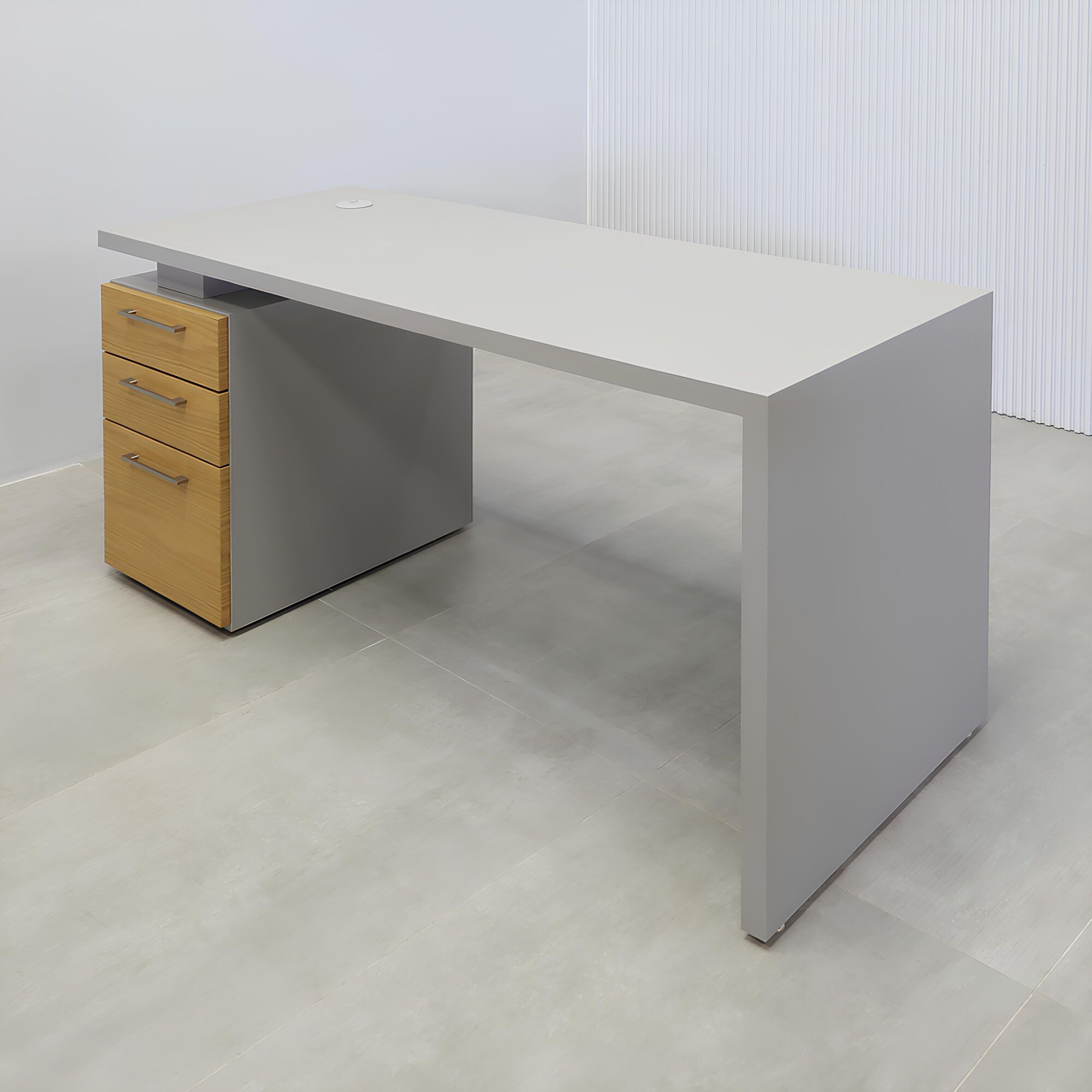 60-inch Denver Straight Executive Desk with fog gray matte laminate top and white oak wood veneer storage.