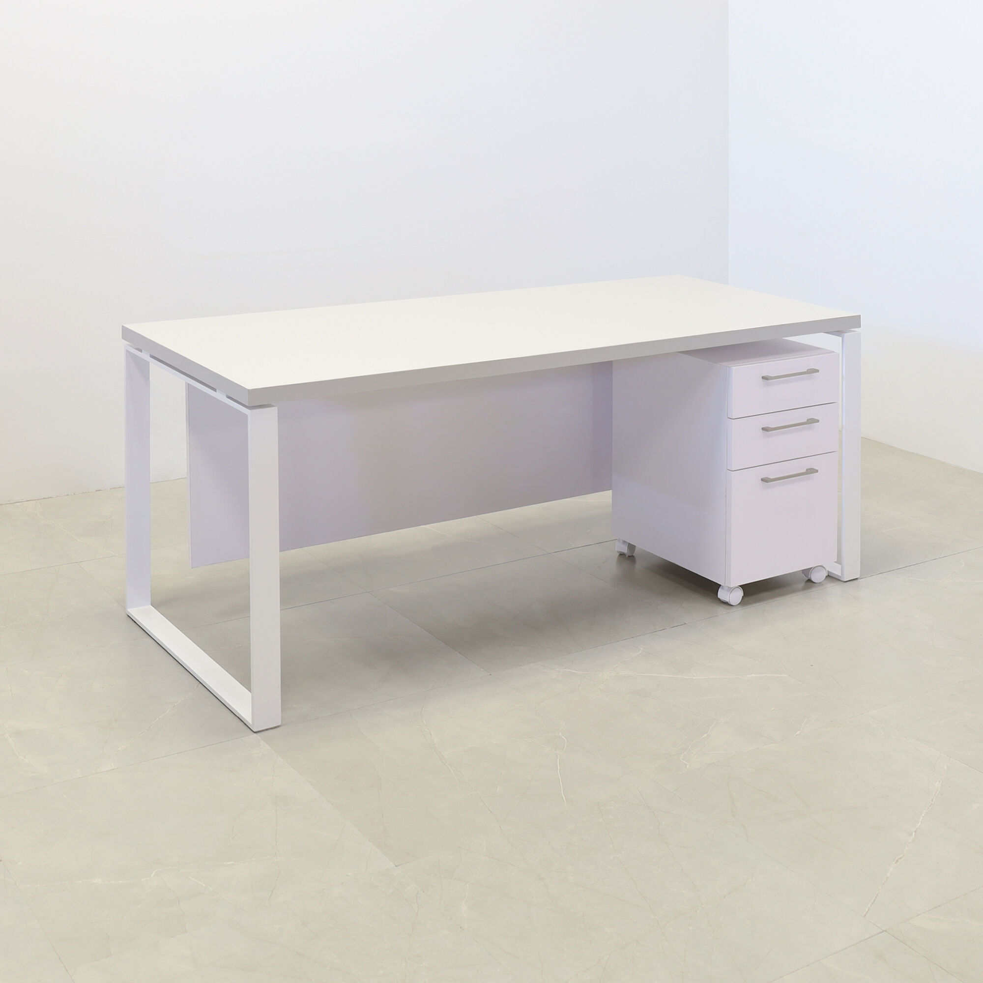 60-inch Aspen Straight Executive Desk with Laminate Top in folkstone gray matte laminate, white matte laminate privacy panel and white metal legs.