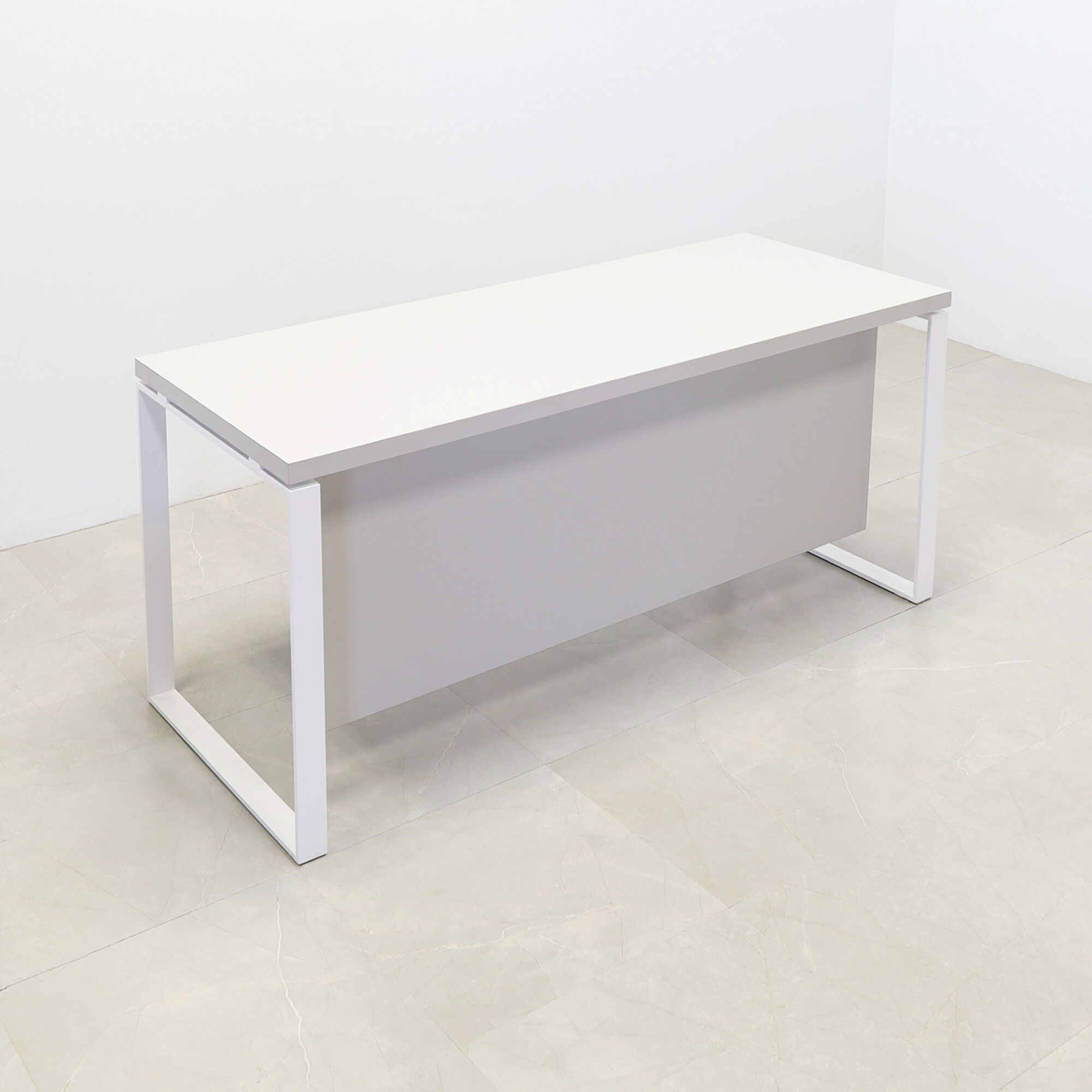 60-inch Aspen Straight Executive Desk with Laminate Top and privacy panel in folkstone gray matte laminate, and white metal legs.