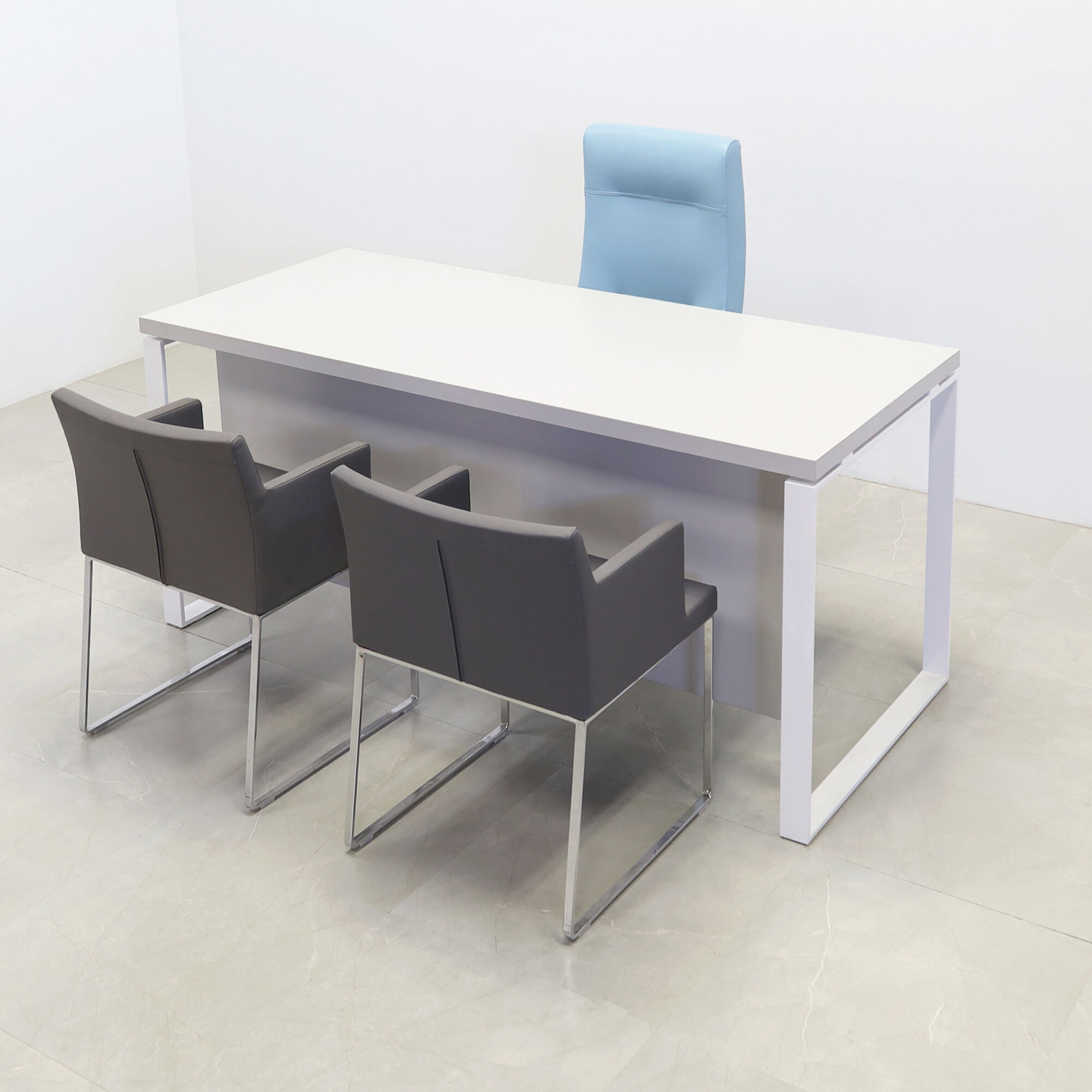 60-inch Aspen Straight Executive Desk with Laminate Top and privacy panel in folkstone gray matte laminate, and white metal legs.