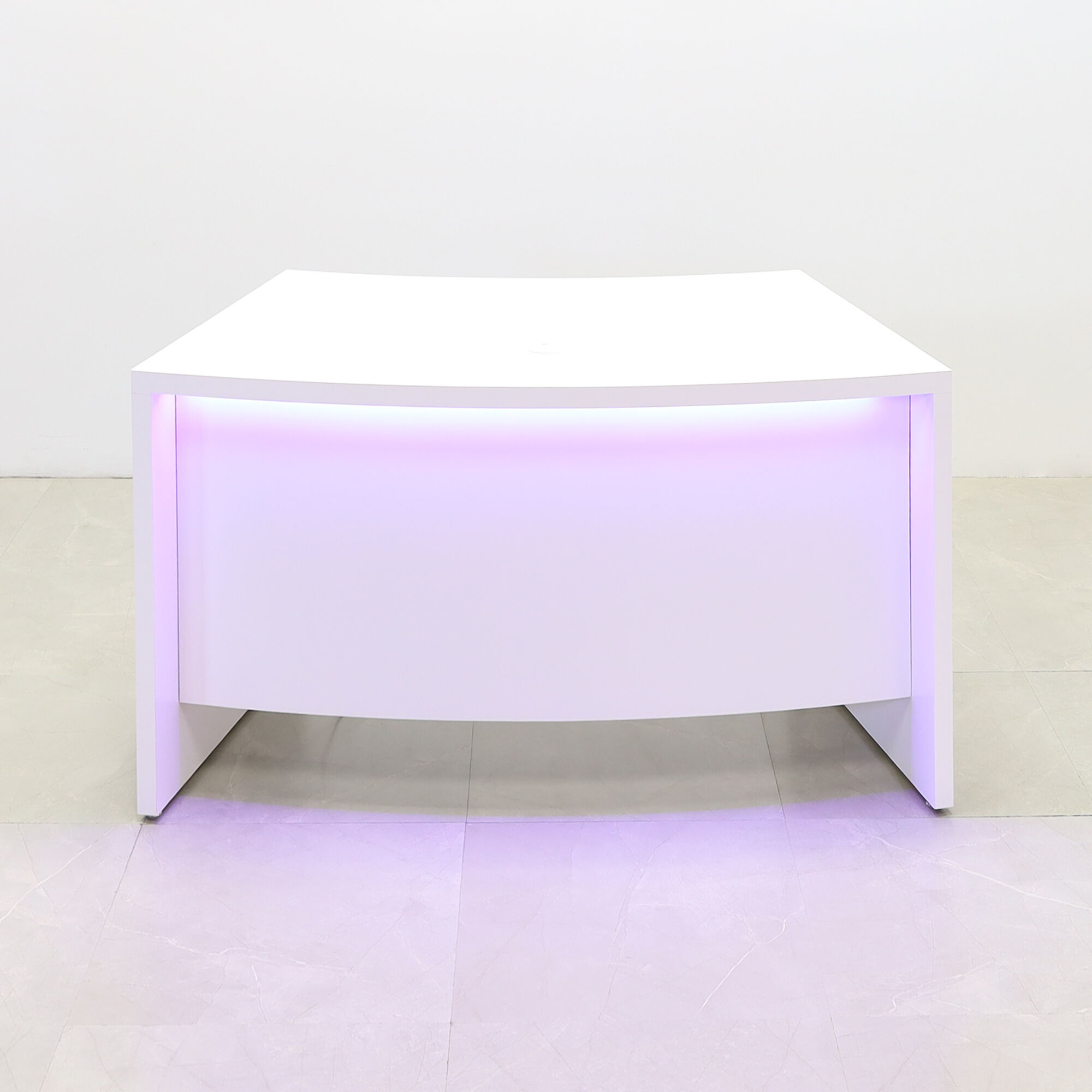 60-inch Seattle Curved Executive Desk in white matte laminate main desk & front panel, with color LED, shown here.