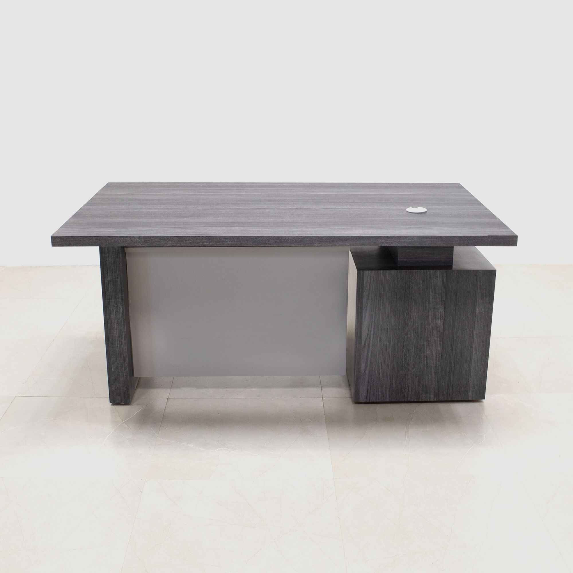 60-inch Avenue Straight Executive Desk with cabinet on the left side when sitting, with storm teakwood matte laminate top, base & cabinet, and fog gray matte laminate privacy panel, shown here.