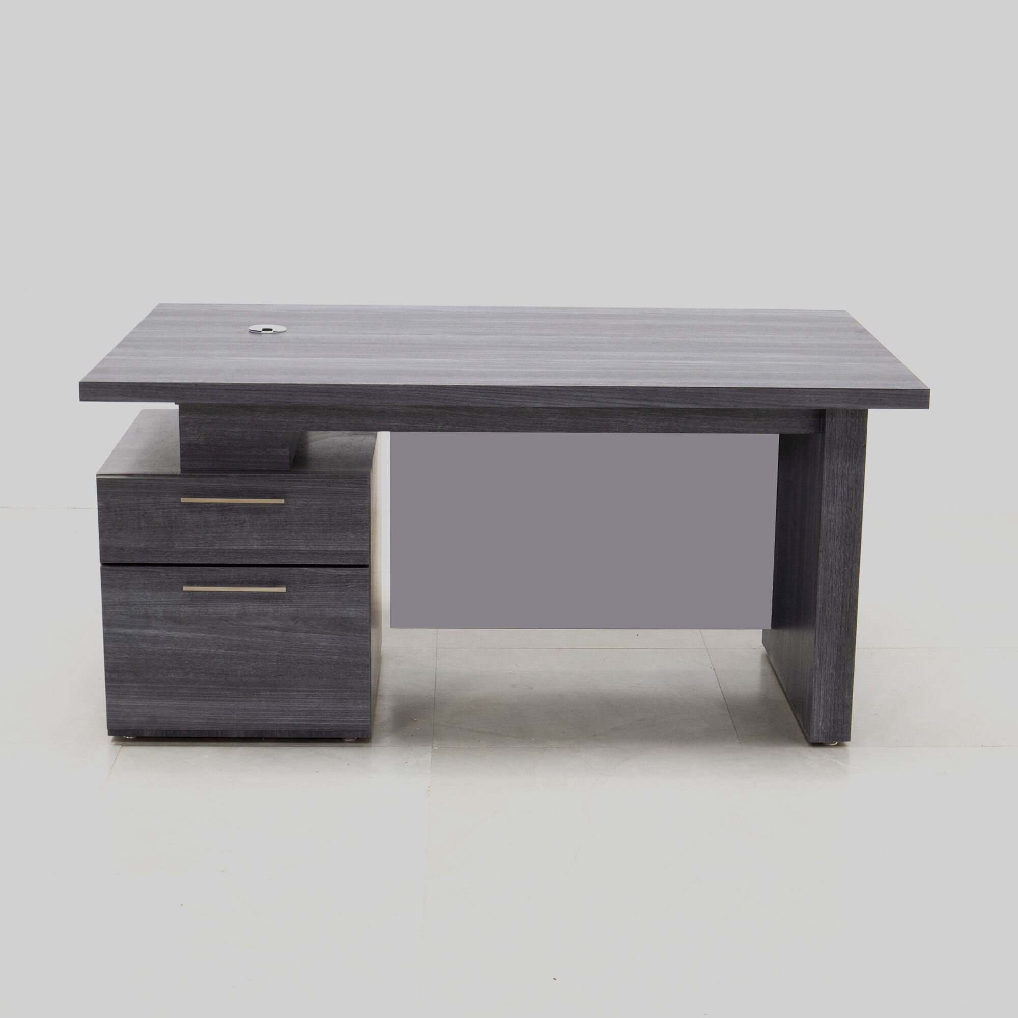 60-inch Avenue Straight Executive Desk with cabinet on the left side when sitting, with storm teakwood matte laminate top, base & cabinet, and fog gray matte laminate privacy panel, shown here.