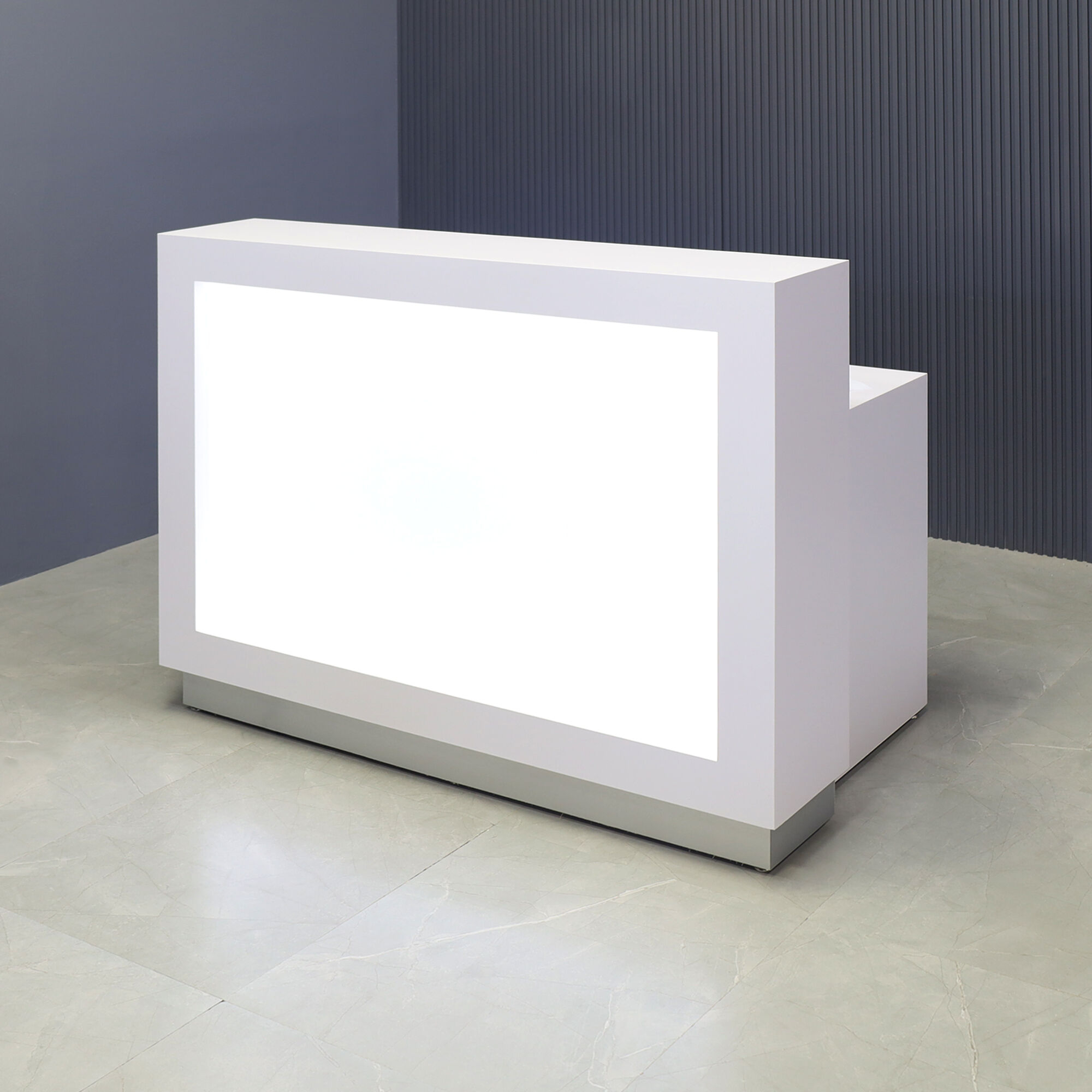 60-inch Vegas Custom Reception Desk in white gloss laminate counter and desk, with white LED, shown here.