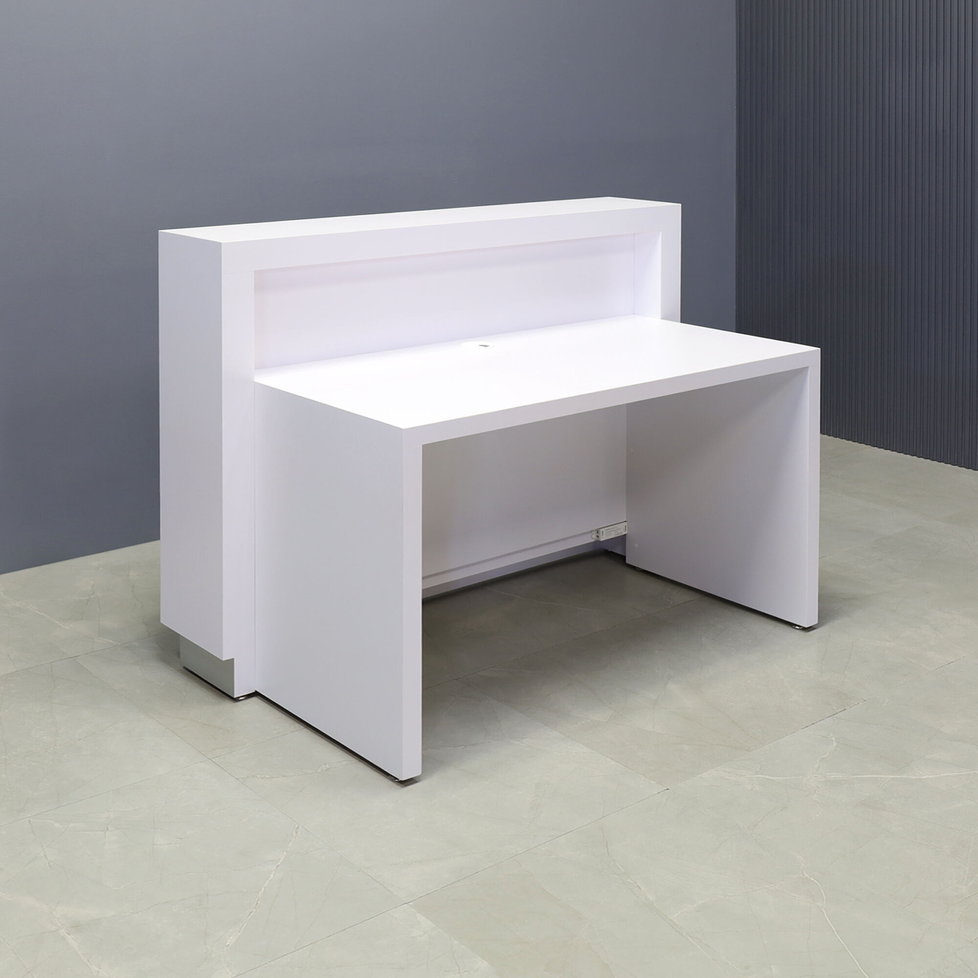 60-inch Vegas Custom Reception Desk in white gloss laminate counter and desk, with white LED, shown here.