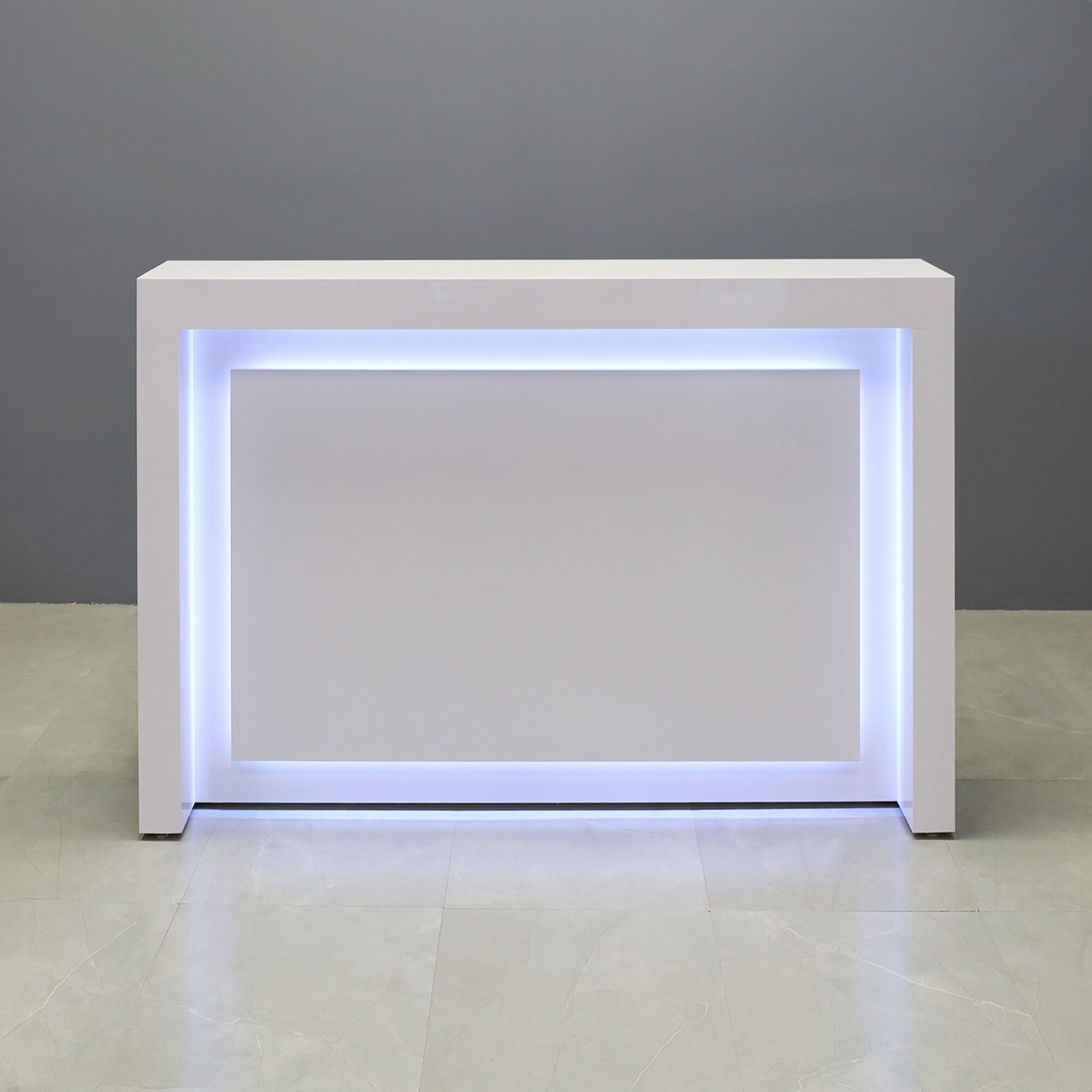 60-inch New York Straight Reception Desk in white gloss laminate main desk & accent recess front panel, with Color LED, shown here.