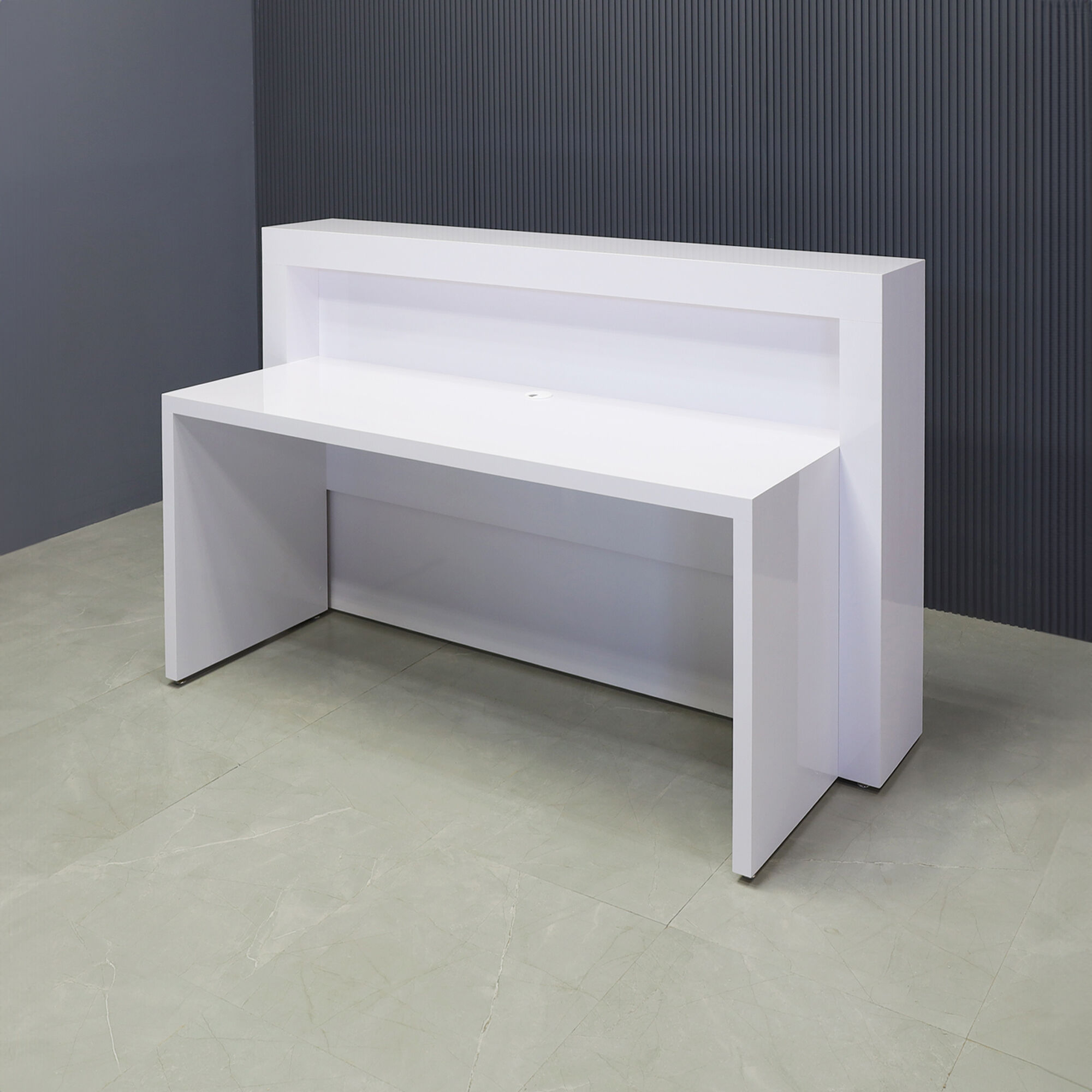 60-inch New York Straight Reception Desk in white gloss laminate main desk & accent recess front panel, with Color LED, shown here.