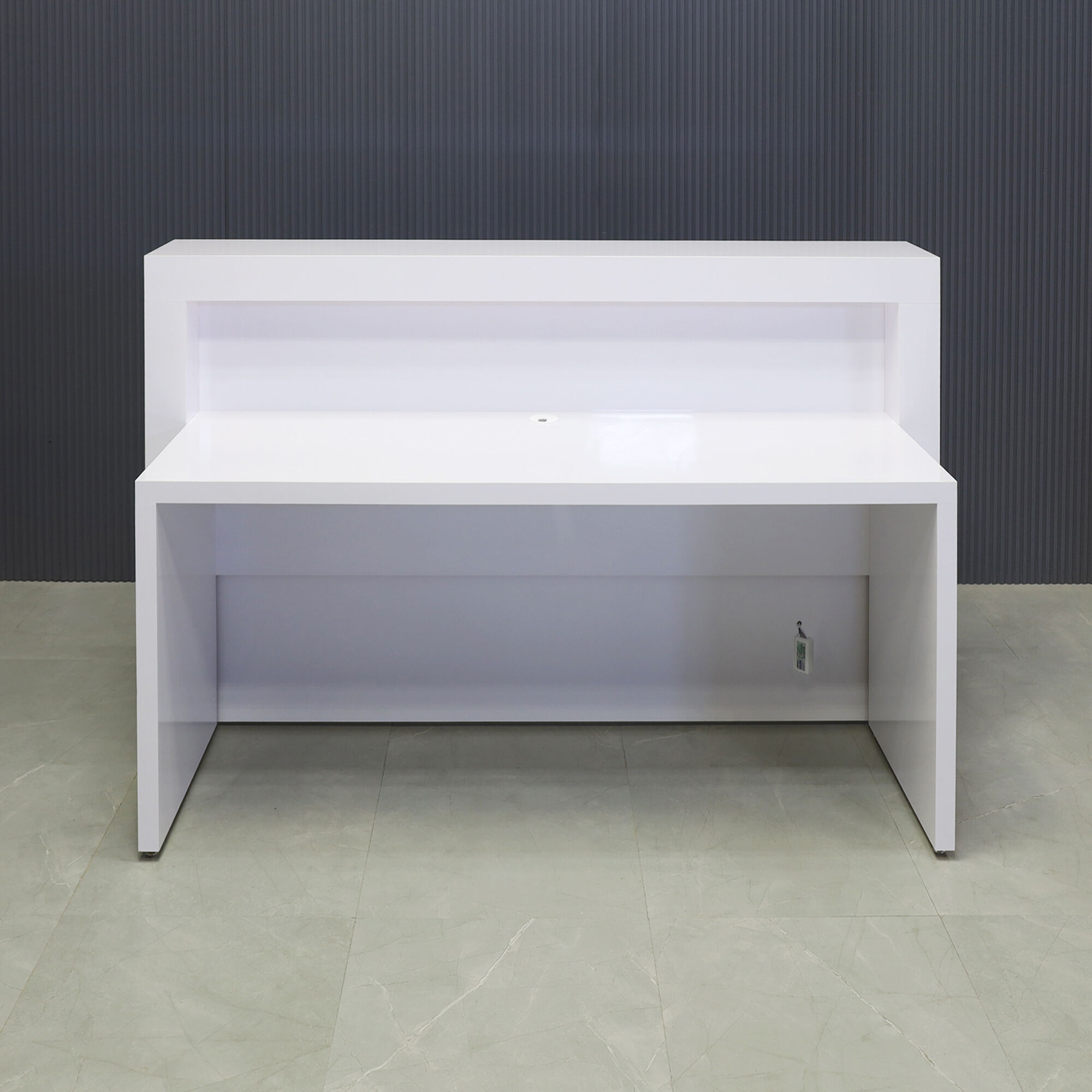60-inch New York Straight Reception Desk in white gloss laminate main desk & accent recess front panel, with Color LED, shown here.