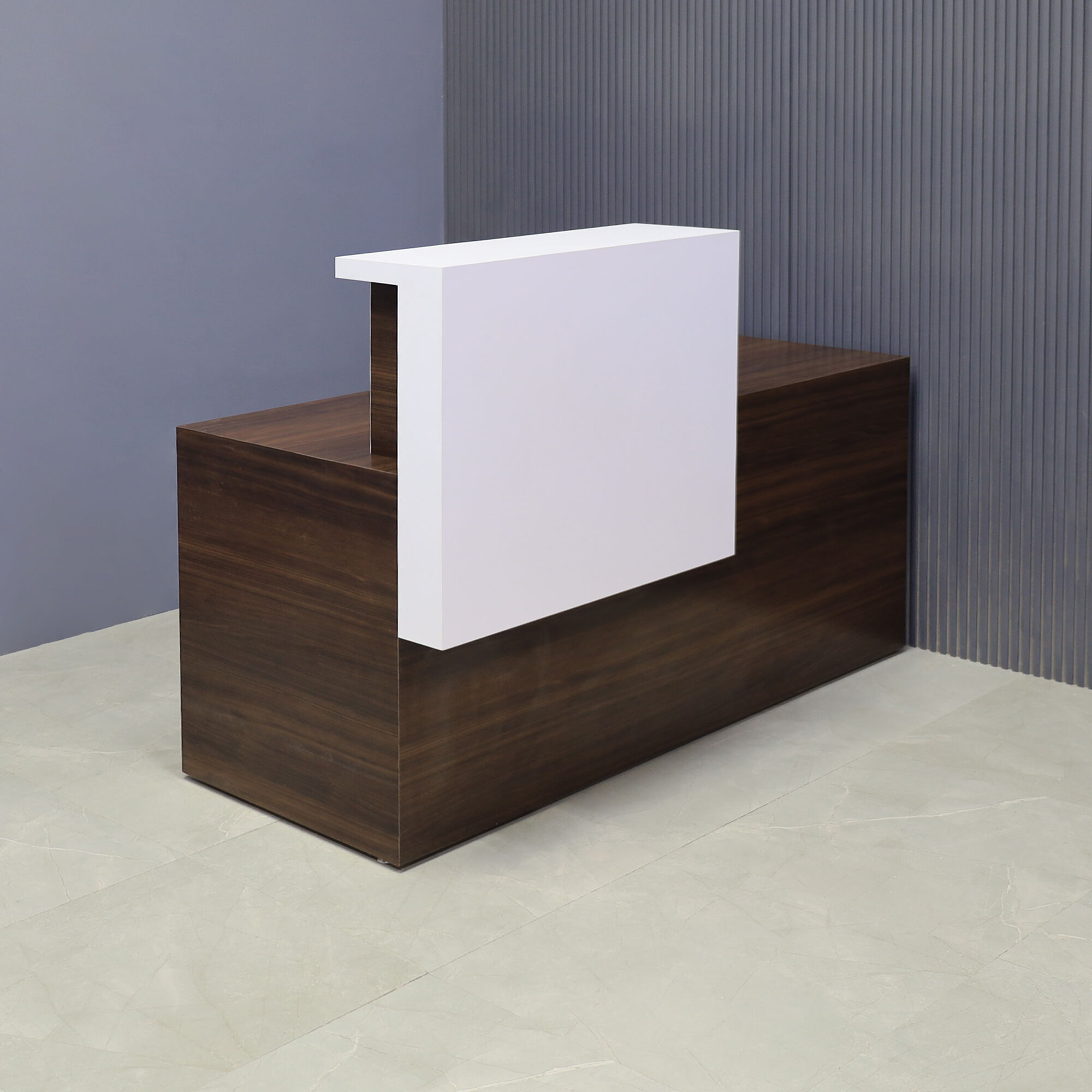 60-inch Los Angeles Custom Reception Desk with the counter on the left side when facing front in white matte laminate, and colombian walnut matte laminate desk, shown here.