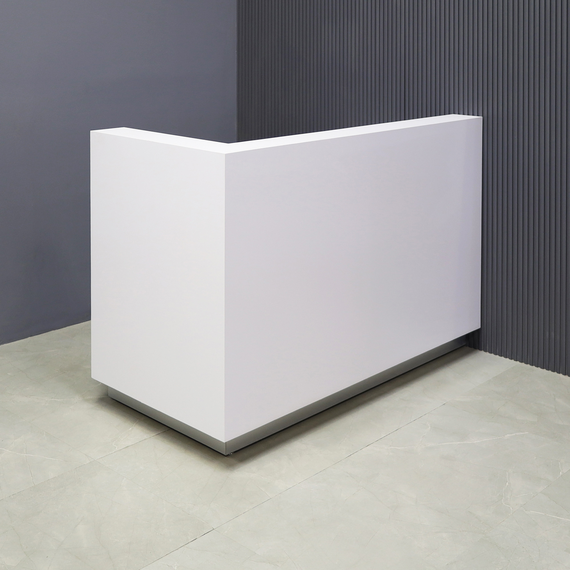 60-inch Dallas L-Shape Custom Reception Desk, left side l-panel when facing front in white matte laminate main desk and brushed aluminum toe-kick, shown here.