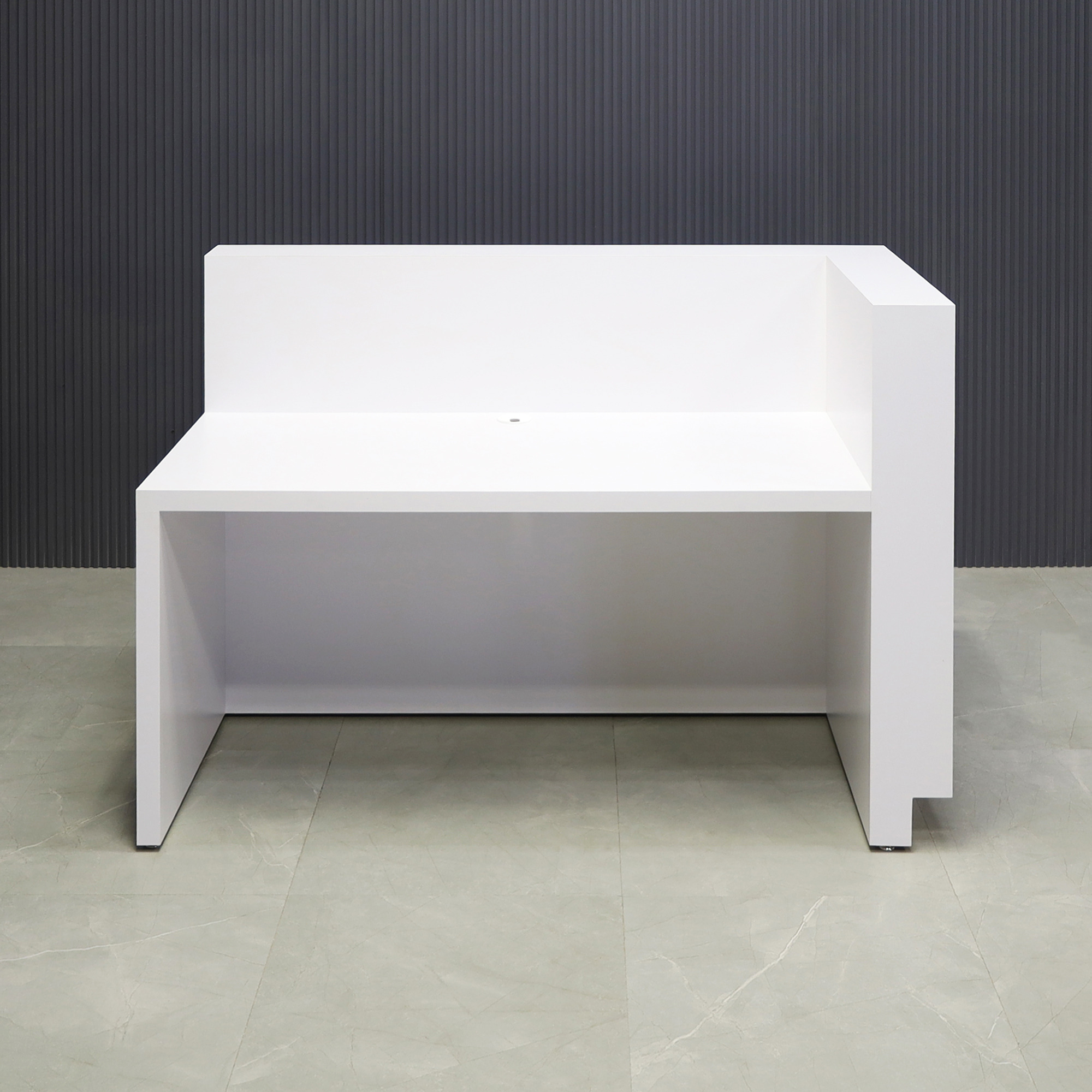 60-inch Dallas L-Shape Custom Reception Desk, left side l-panel when facing front in white matte laminate main desk and brushed aluminum toe-kick, shown here.