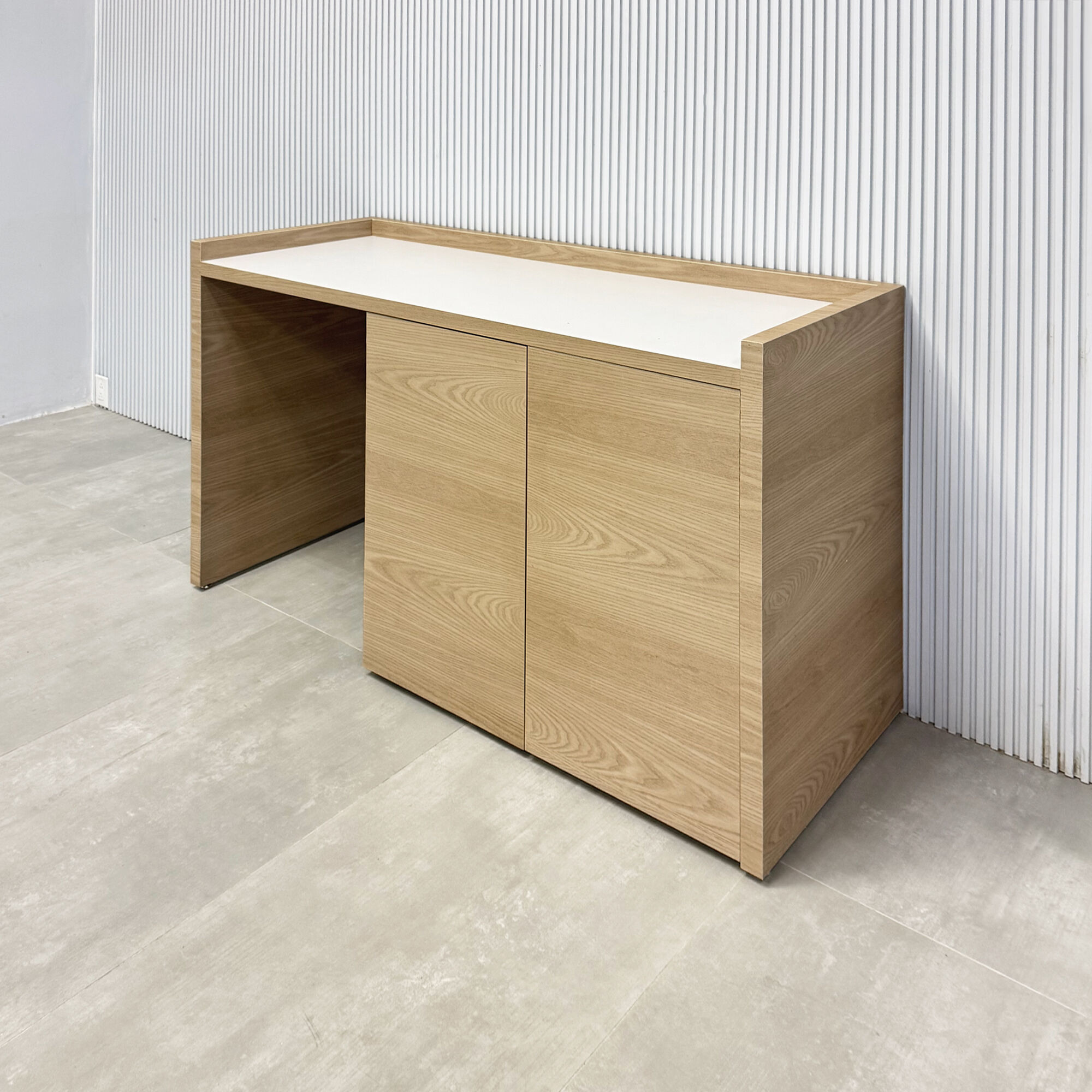 60-inch Avenue Beverage Server Station with white matte laminate top and natural ash matte PVC doors & main body.