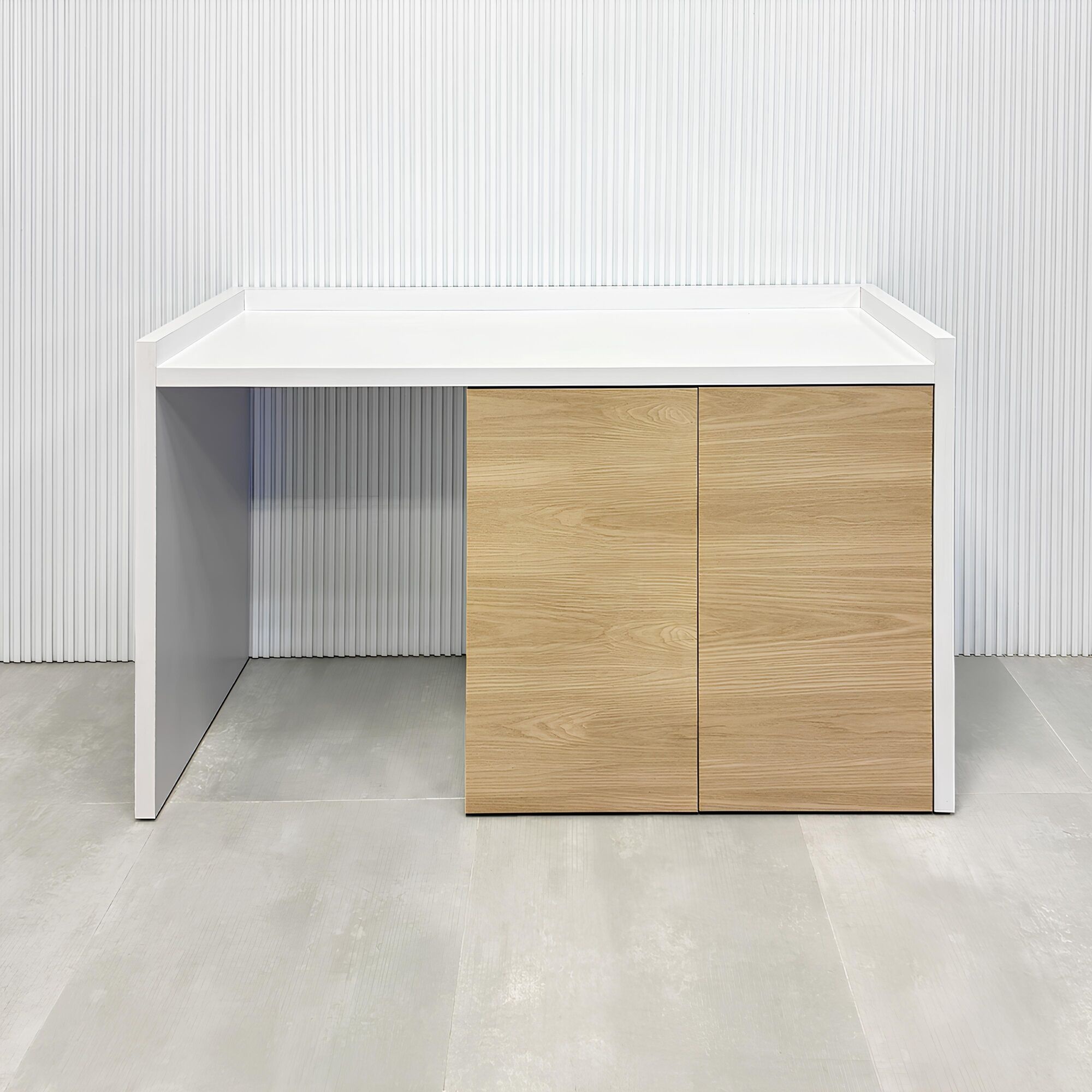 60-inch Avenue Beverage Server Station with white matte laminate top, white matte laminate main body, and natural ash matte PVC doors with push-to-open mechanism.