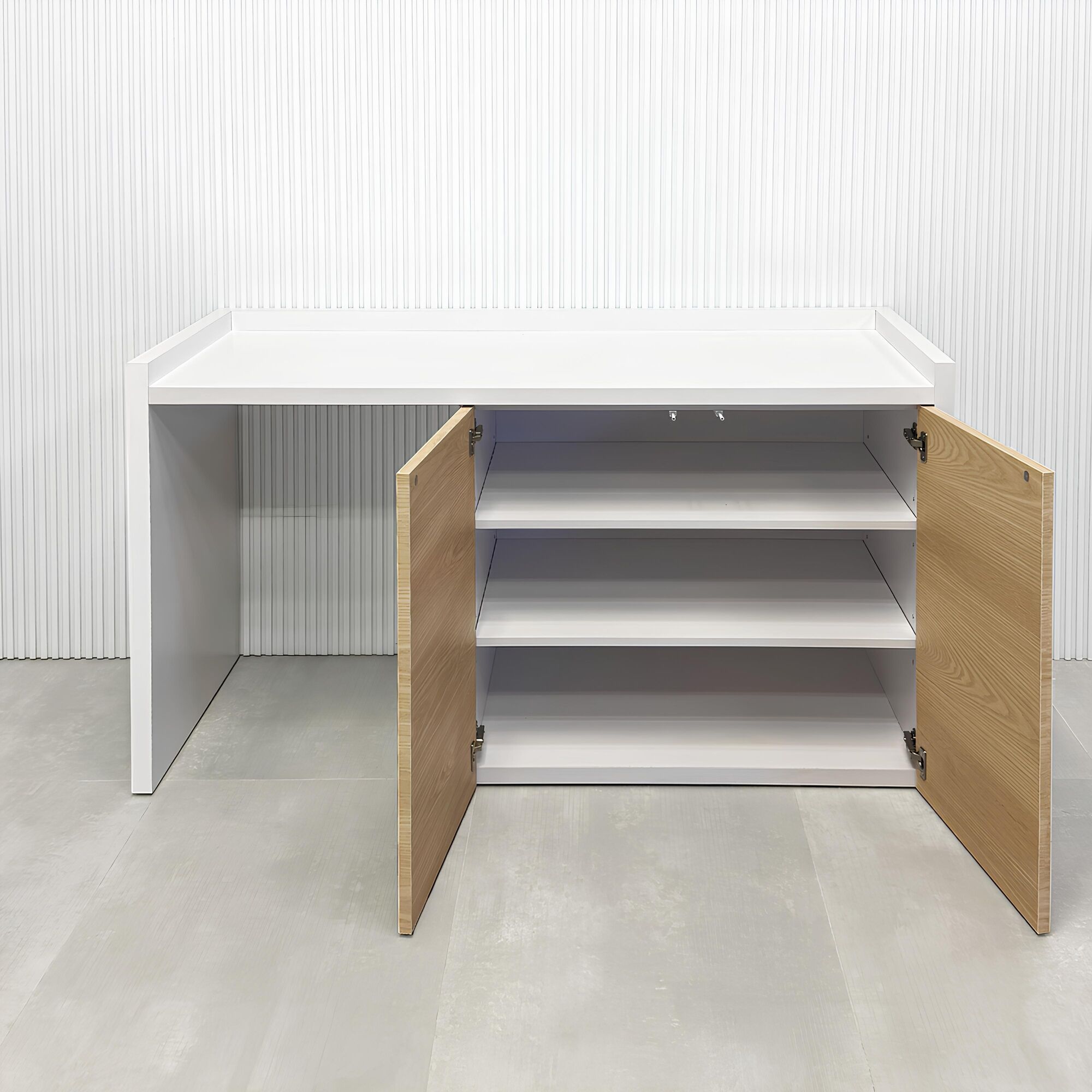 60-inch Avenue Beverage Server Station with white matte laminate top, white matte laminate main body, and natural ash matte PVC doors with push-to-open mechanism.