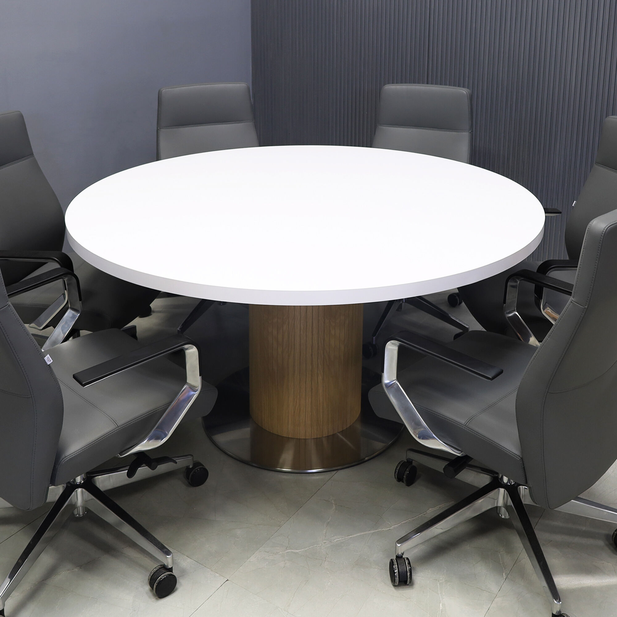 60-inch Newton Round  With Laminate Top With Laminate Top in white matte laminate, white oak tambour pedestal, and silver metal powder-coated base.