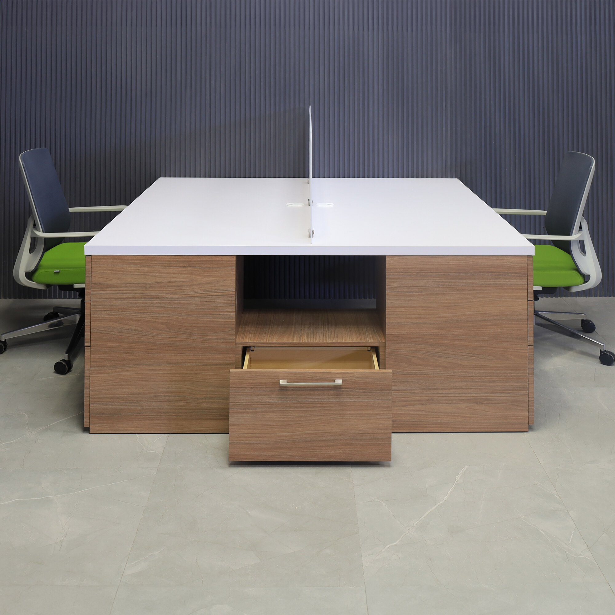 60-inch Dallas Custom Workstation with storage in white matte laminate, uptown walnut matte laminate storage, white acrylic partition, and brushed stainless legs.