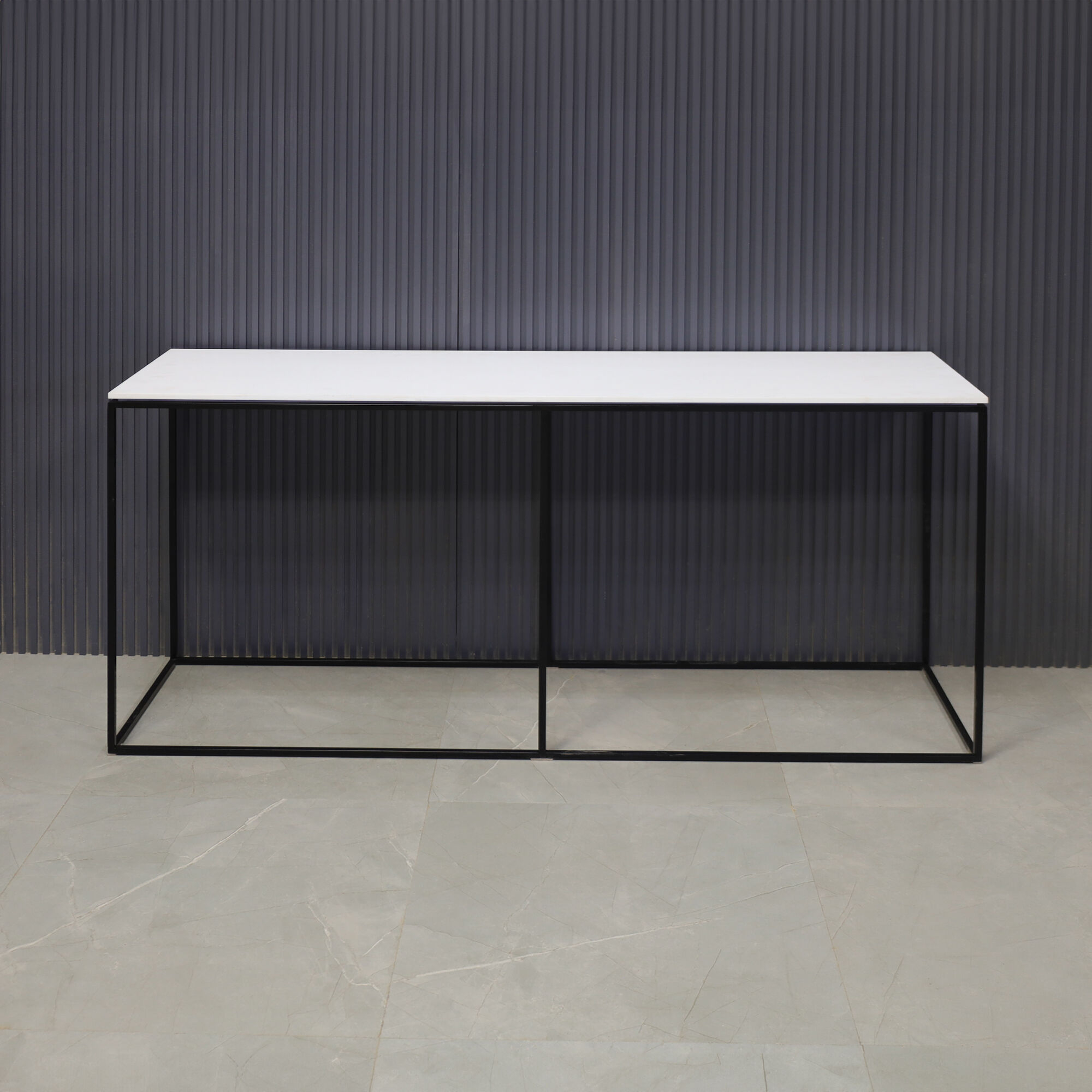 60-inch Aspen Console Table in 1/2" white solid engineered surface top and black metal frame, shown here.