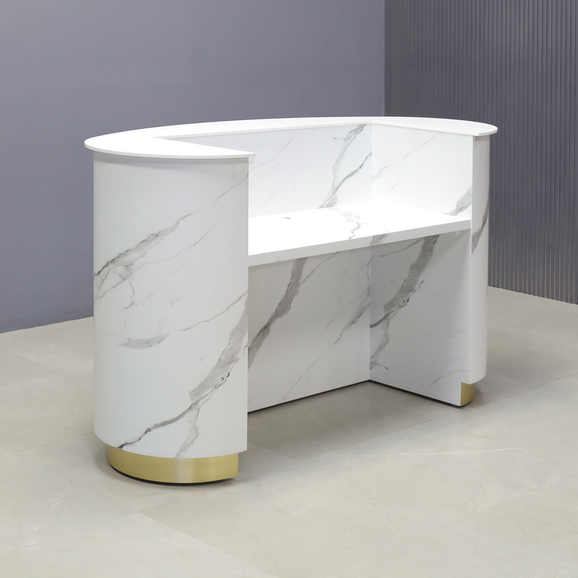 62-inch The Pill Custom Reception Desk in 1/2-inch white solid engineered surface top counter, calcutta stone PVC main desk, gold aluminum toe-kick, and warm white LED.