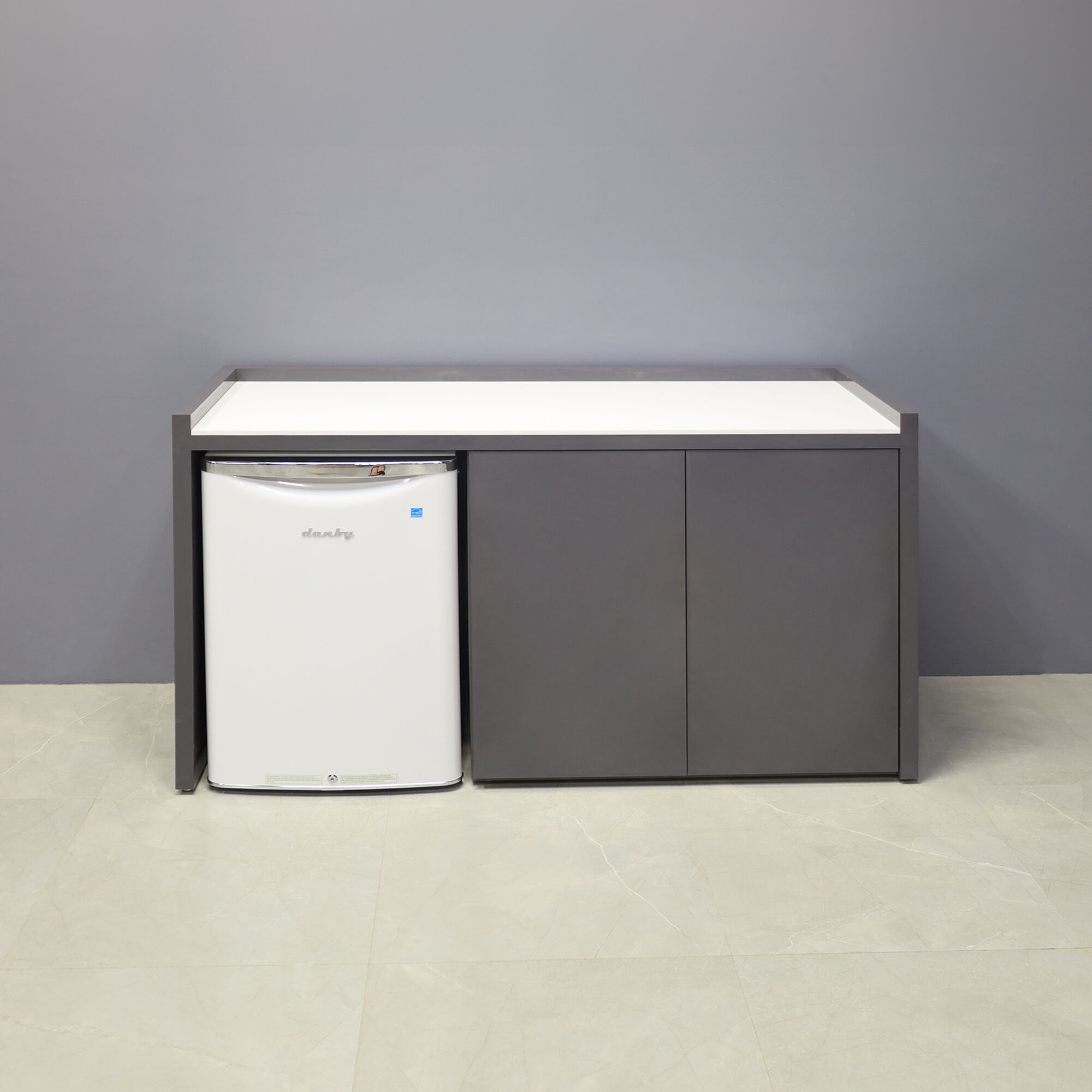 60-inch Avenue Beverage Server Station with fridge on the left side, in 1/2-inch white solid engineered surface top, and storm gray gloss laminate station & doors.