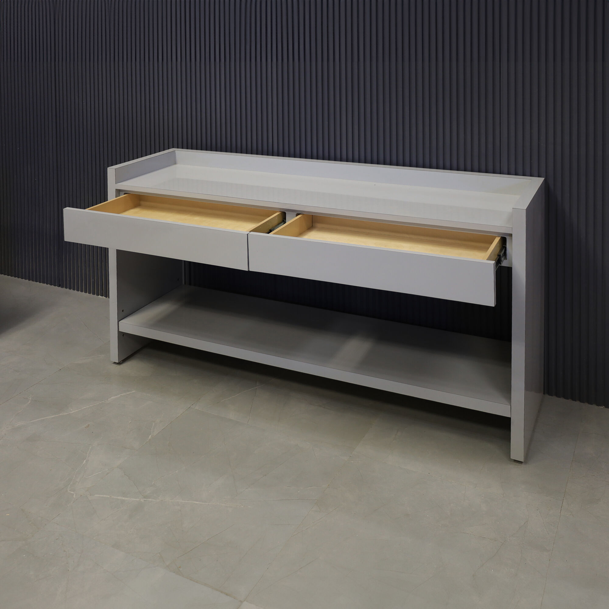 60-inch Avenue Console Table with Folkstone gray gloss laminate console.